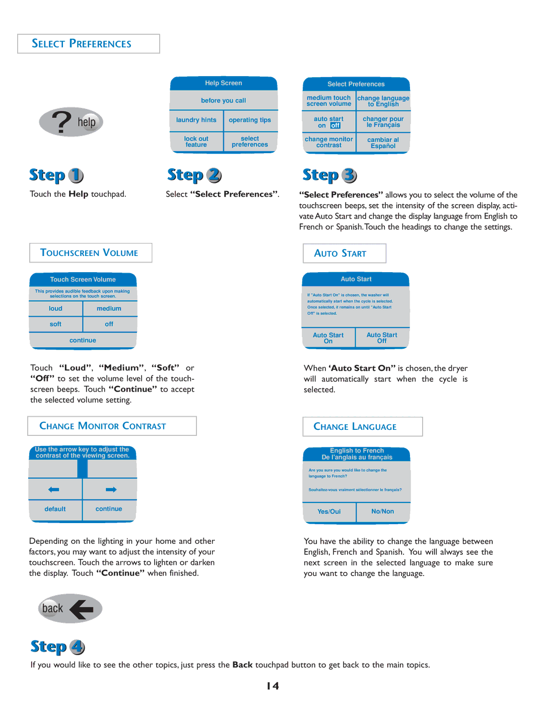 Maytag MD7500 warranty Select Preferences, Touch Screen Volume, Auto Start, English to French De langlais au français 