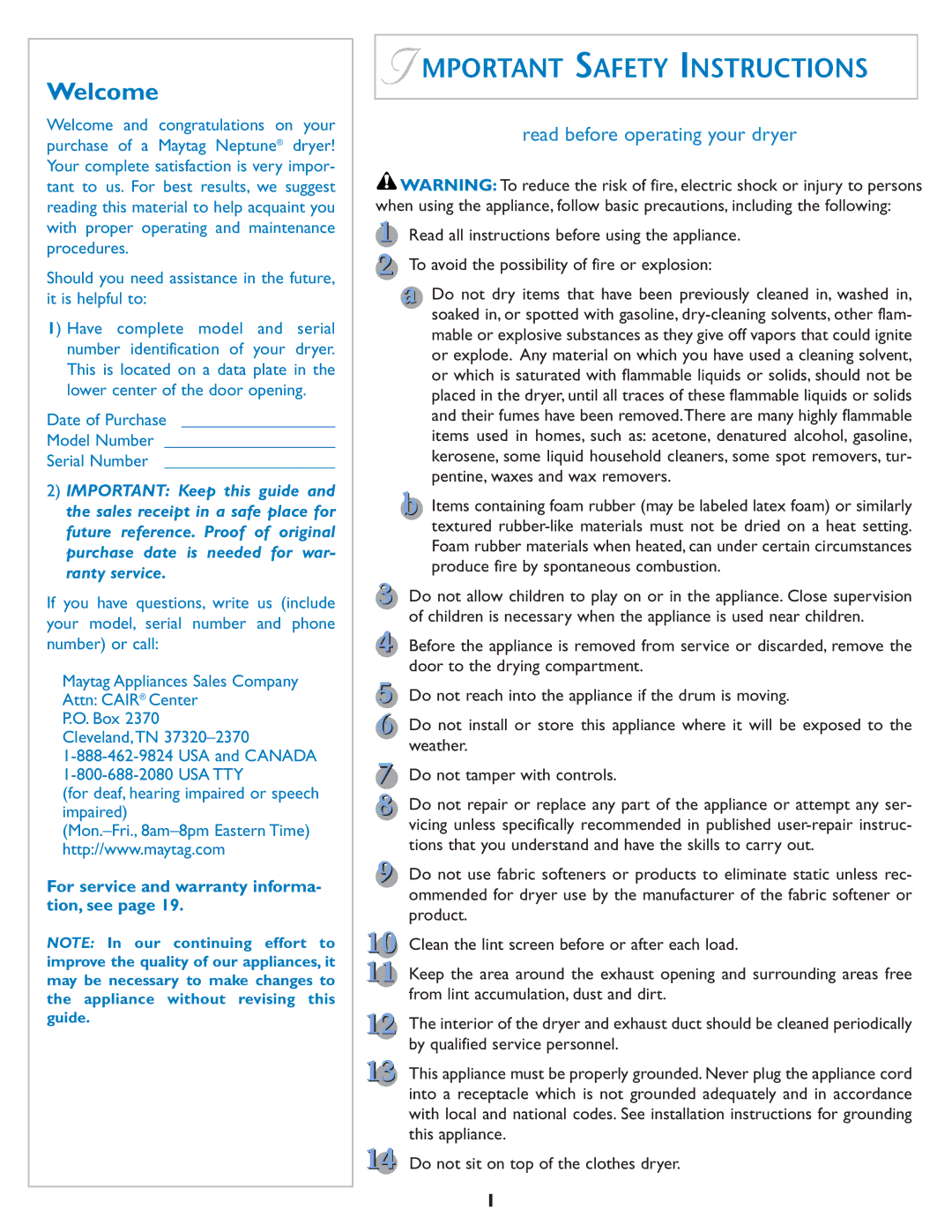 Maytag MD7500 warranty Mportant Safety Instructions 