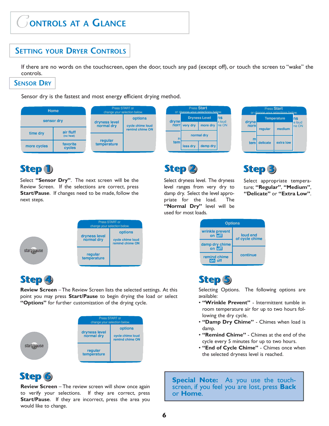 Maytag MD7500 Controls AT a Glance, Setting Your Dryer Controls, Sensor DRY, Ture Regular, Medium, Delicate or Extra Low 