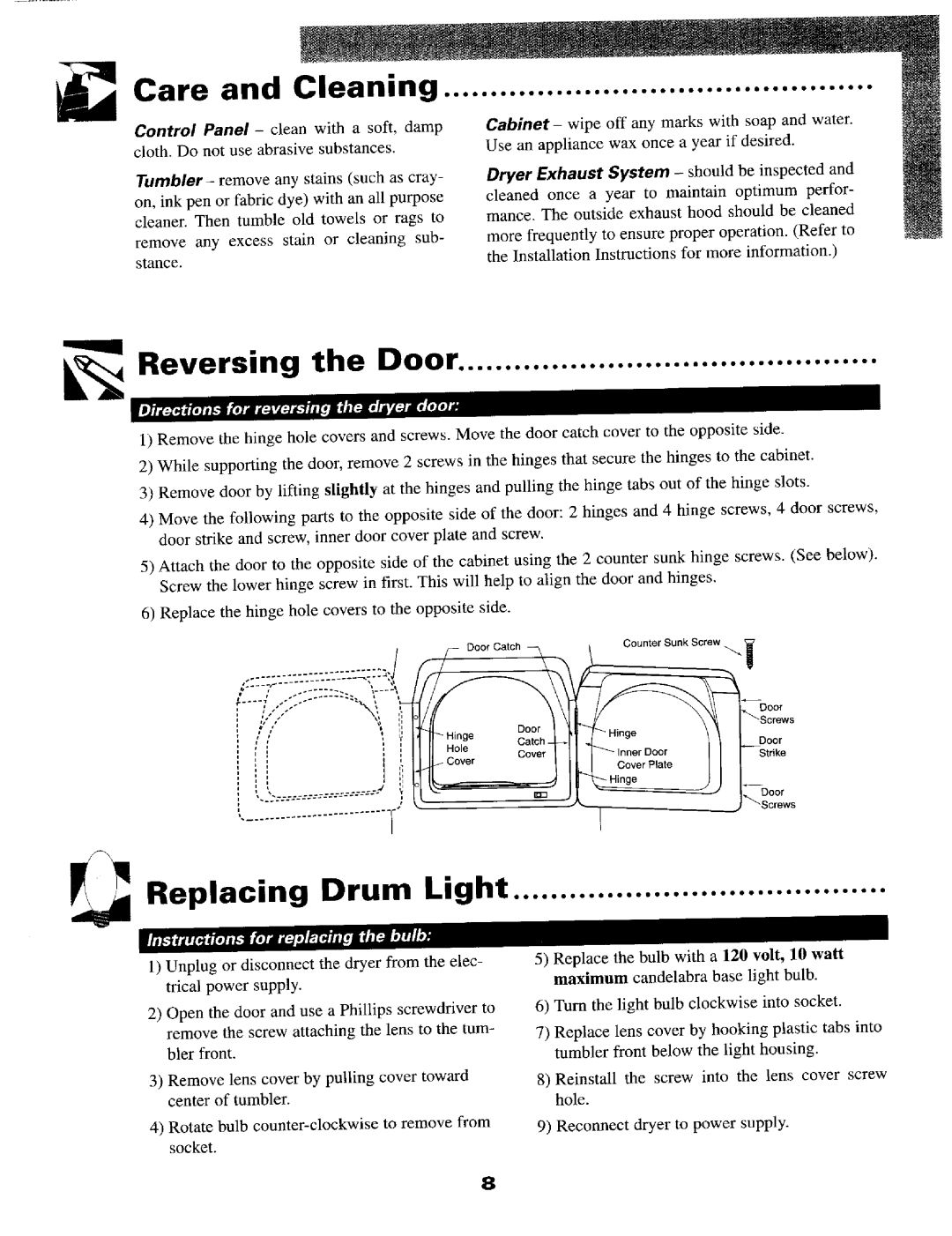 Maytag MD8058 warranty Care and Cleaning, Reversing the Door, Replacing Drum Light 