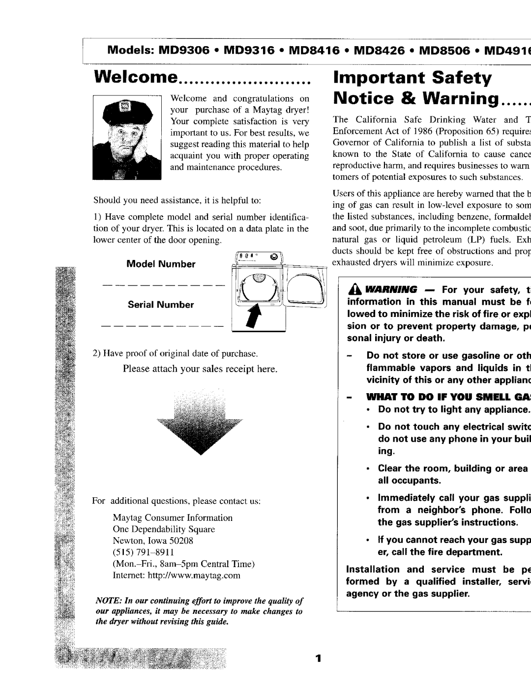 Maytag MD491, MD8426, MD8506, MD8416, MD9316, MD9306 manual Welcome, Model Number Serial Number 