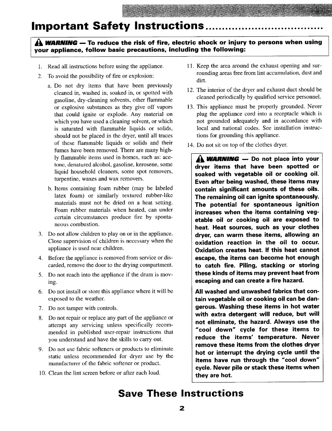 Maytag MD8416, MD8426, MD8506, MD491, MD9316, MD9306 manual Important Safety Instructions 