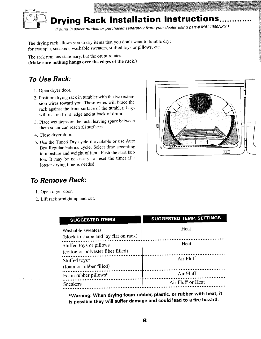 Maytag MD8416, MD8426, MD8506, MD491, MD9316, MD9306 manual To Use Rack, To Remove Rack 