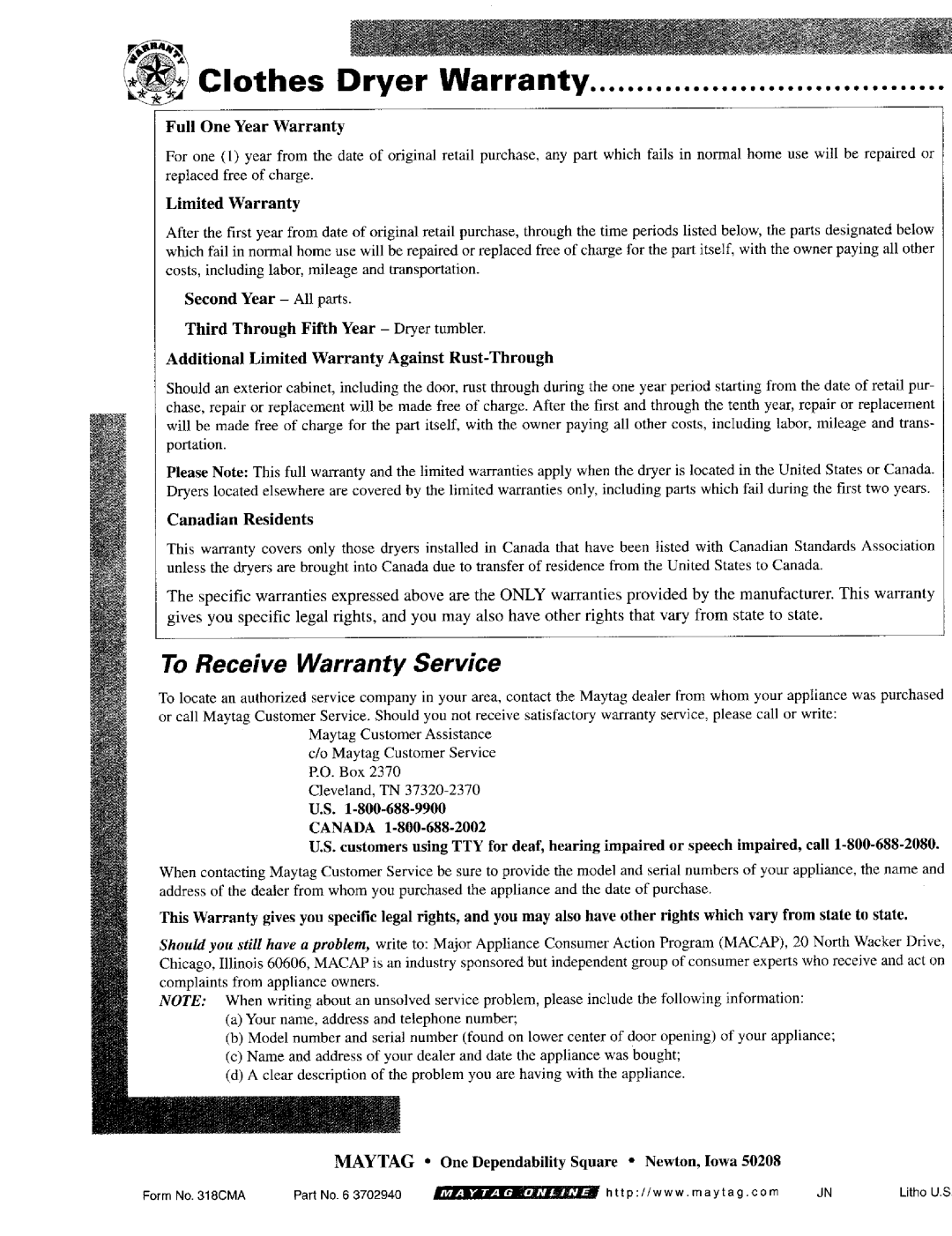 Maytag MD9206 manual Clothes Dryer Warranty, To Receive Warranty Service 