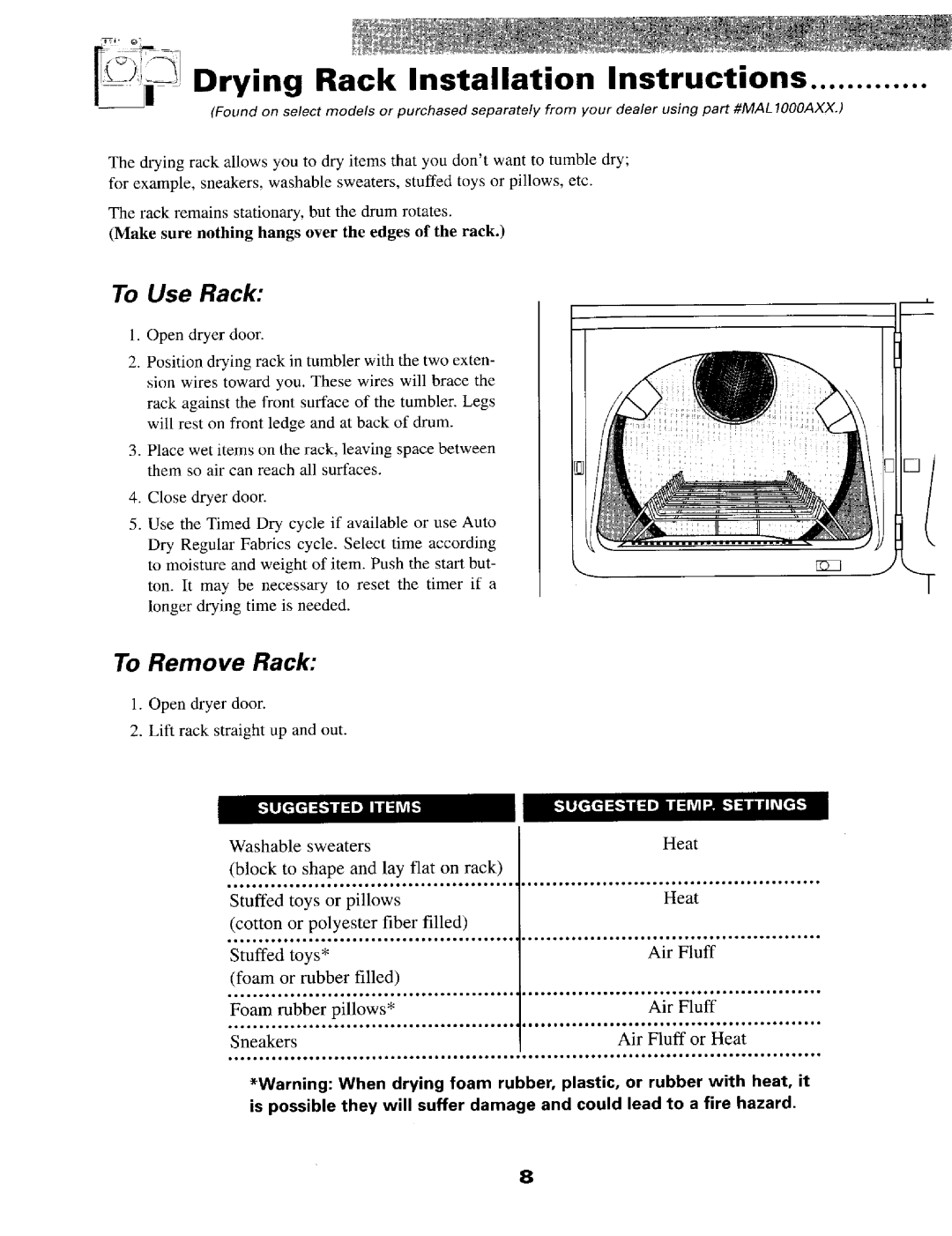 Maytag MD9606, MD9706 warranty Drying Rack Installation Instructions 