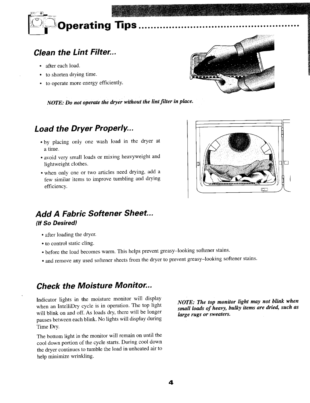 Maytag MD9606 Clean the Lint Filter, Load the Dryer Properly, Add A Fabric Softener Sheet, Check the Moisture Monitor 