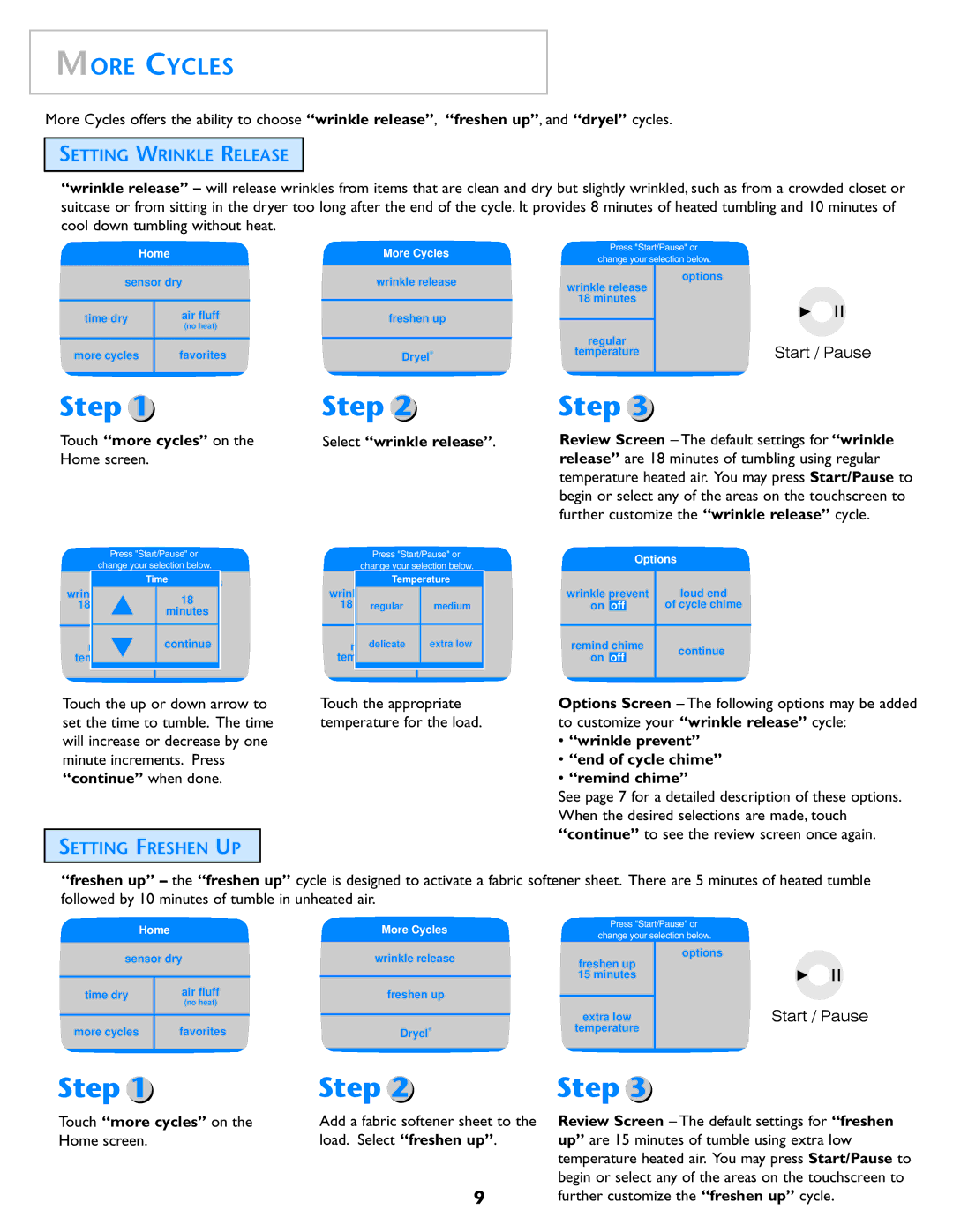 Maytag MD98 warranty More Cycles, Setting Wrinkle Release, Setting Freshen UP 