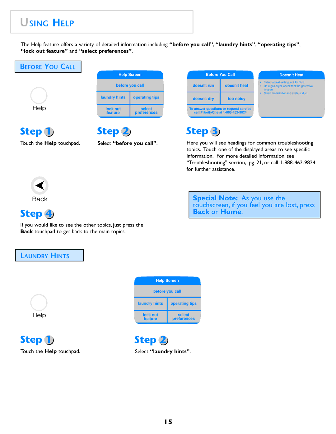 Maytag MD98 Using Help, Before YOU Call, Laundry Hints, Lock out feature and select preferences, Touch the Help touchpad 