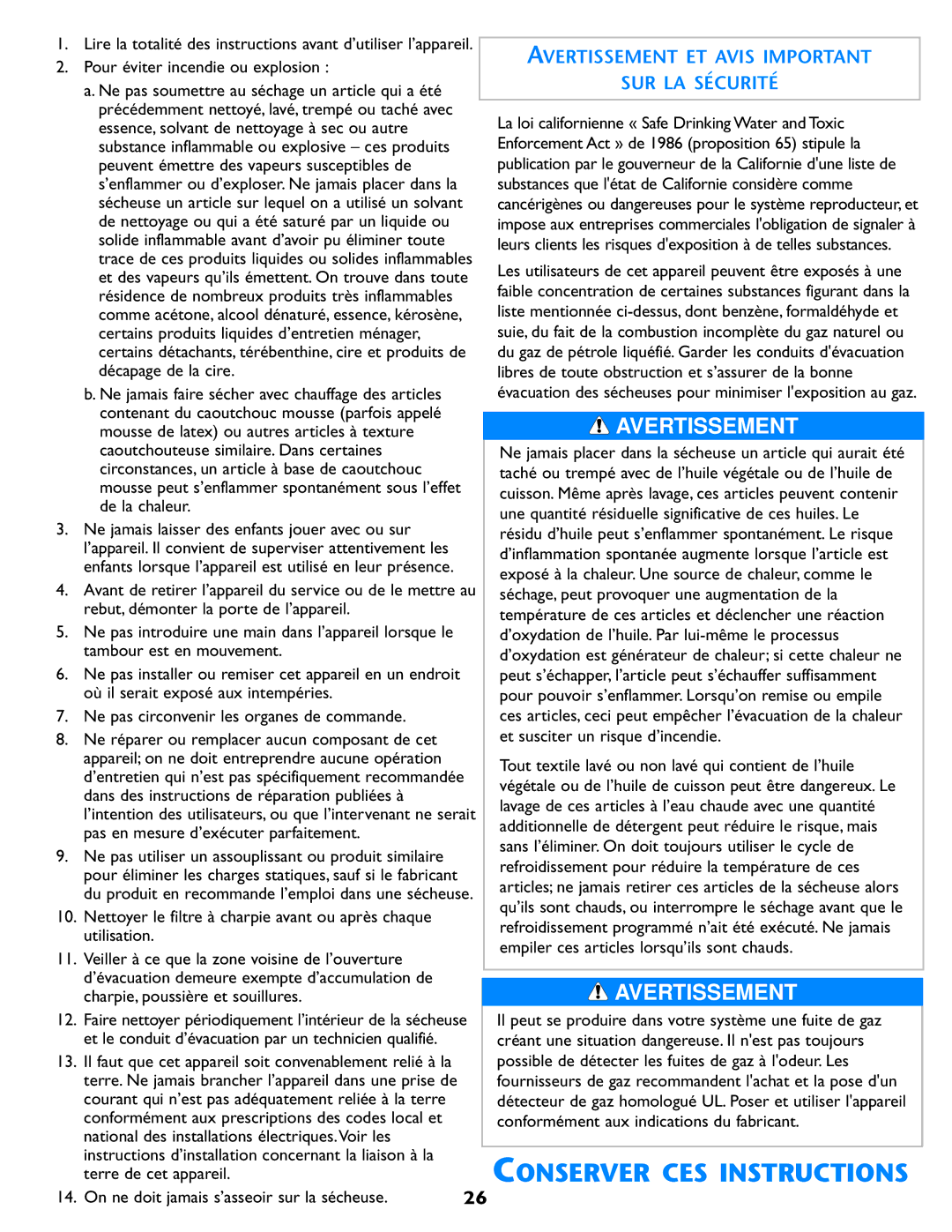 Maytag MD98 warranty Avertissement ET Avis Important SUR LA Sécurité, Pour éviter incendie ou explosion 