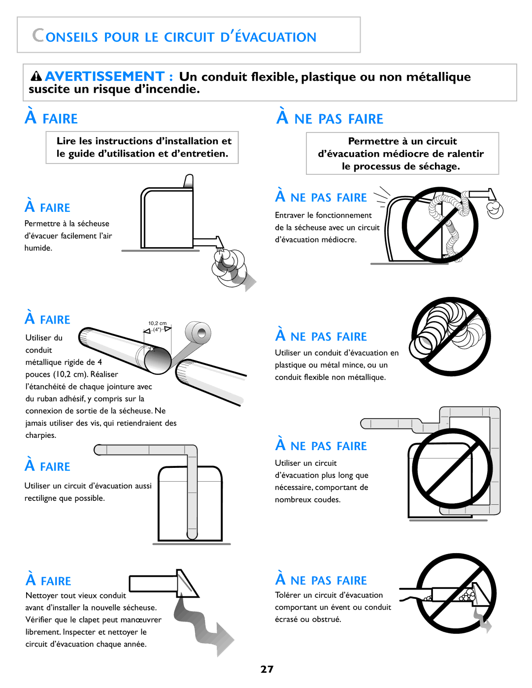 Maytag MD98 warranty Conseils Pour LE Circuit D’ÉVACUATION, Permettre à la sécheuse d’évacuer facilement l’air humide 