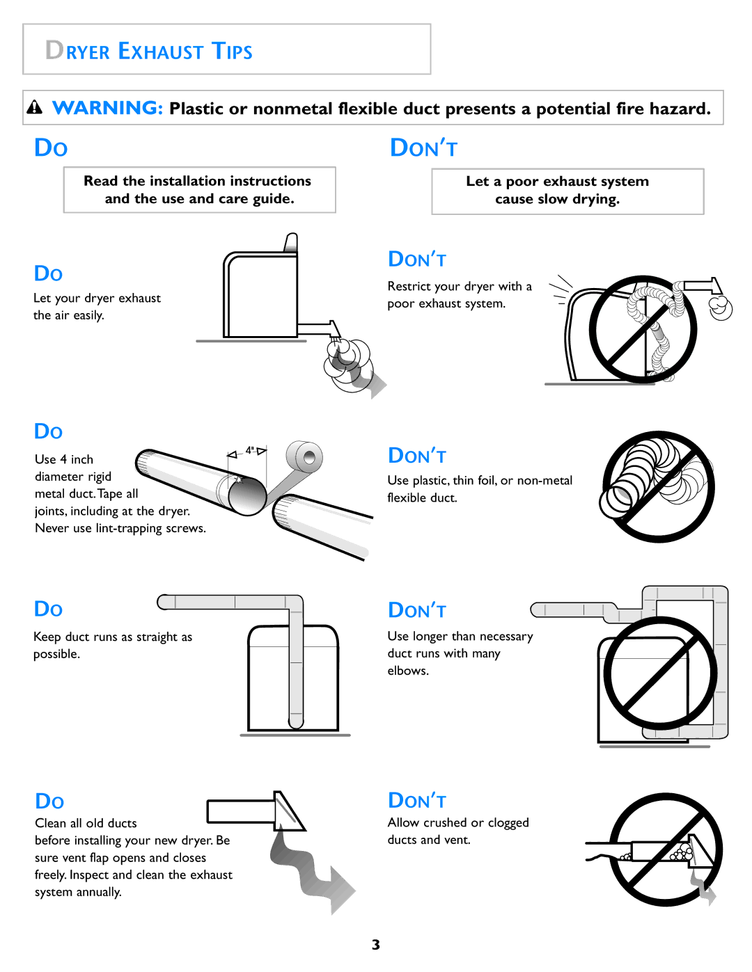 Maytag MD98 warranty Don ’T, Dryer Exhaust Tips 