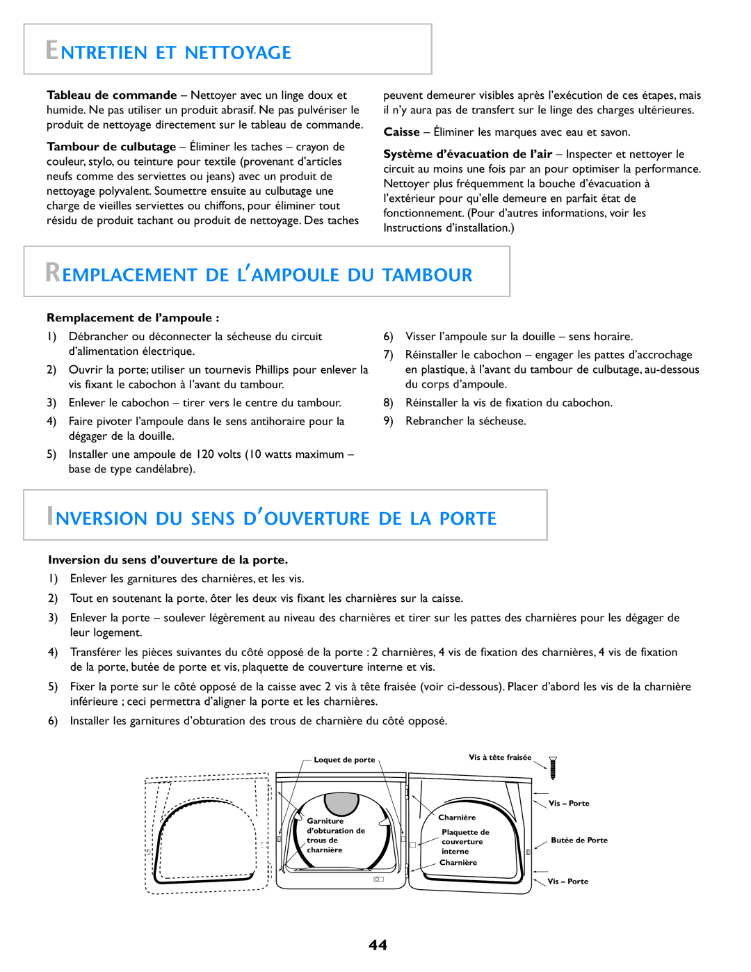 Maytag MD98 Entretien ET Nettoyage, Remplacement DE L’AMPOULE DU Tambour, Inversion DU Sens D’OUVERTURE DE LA Porte 