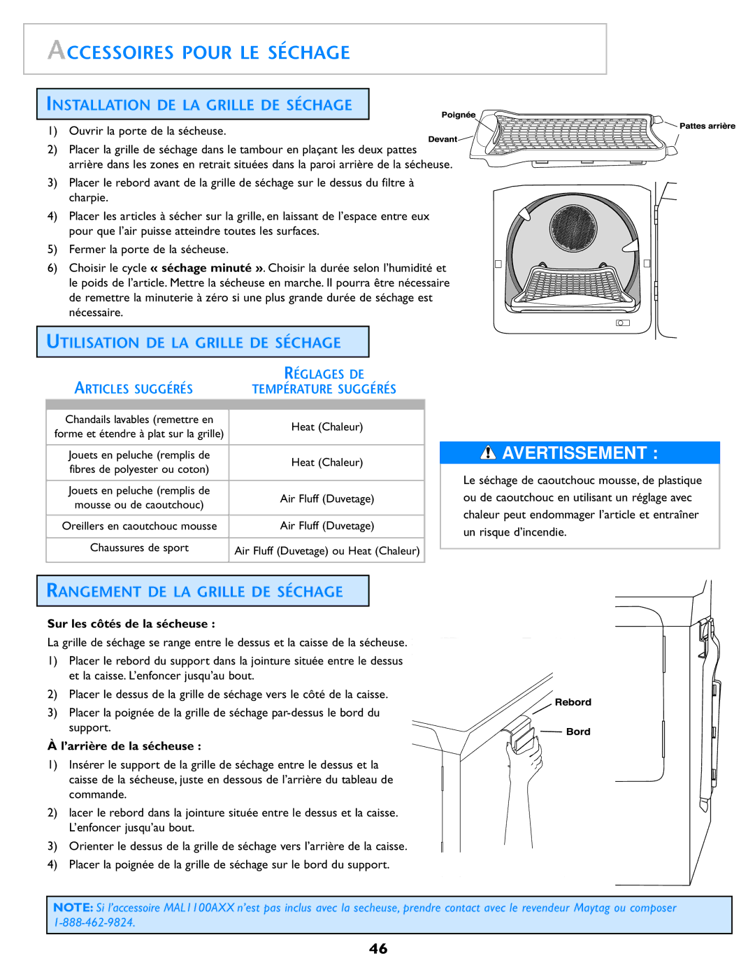 Maytag MD98 warranty Accessoires Pour LE Séchage, Installation DE LA Grille DE Séchage, Utilisation DE LA Grille DE Séchage 