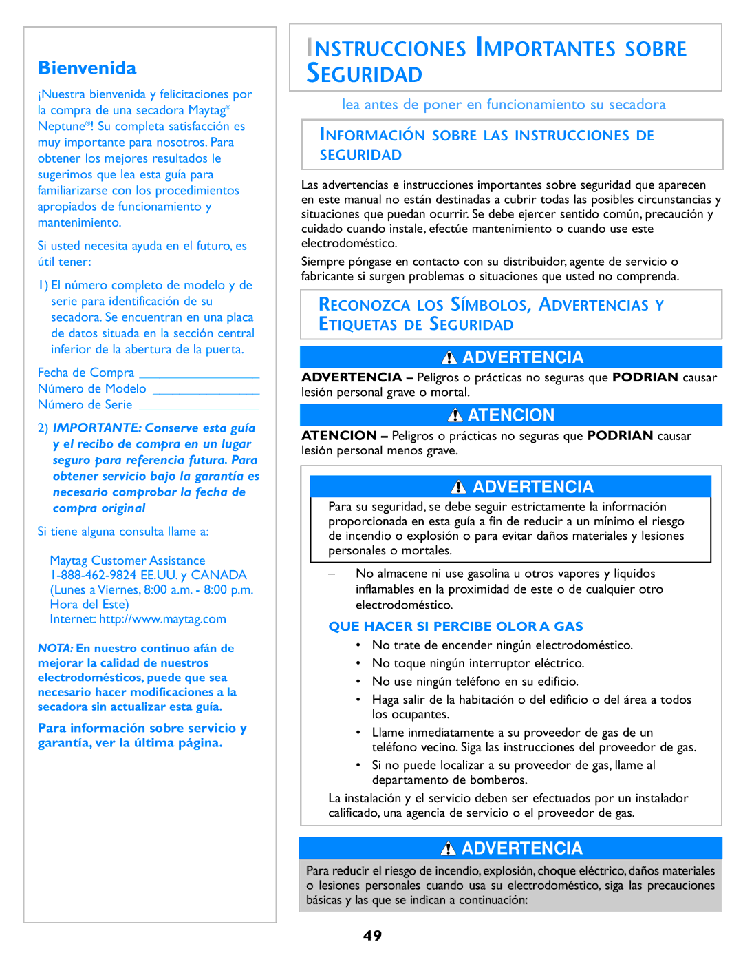 Maytag MD98 warranty Bienvenida, Información Sobre LAS Instrucciones DE Seguridad 