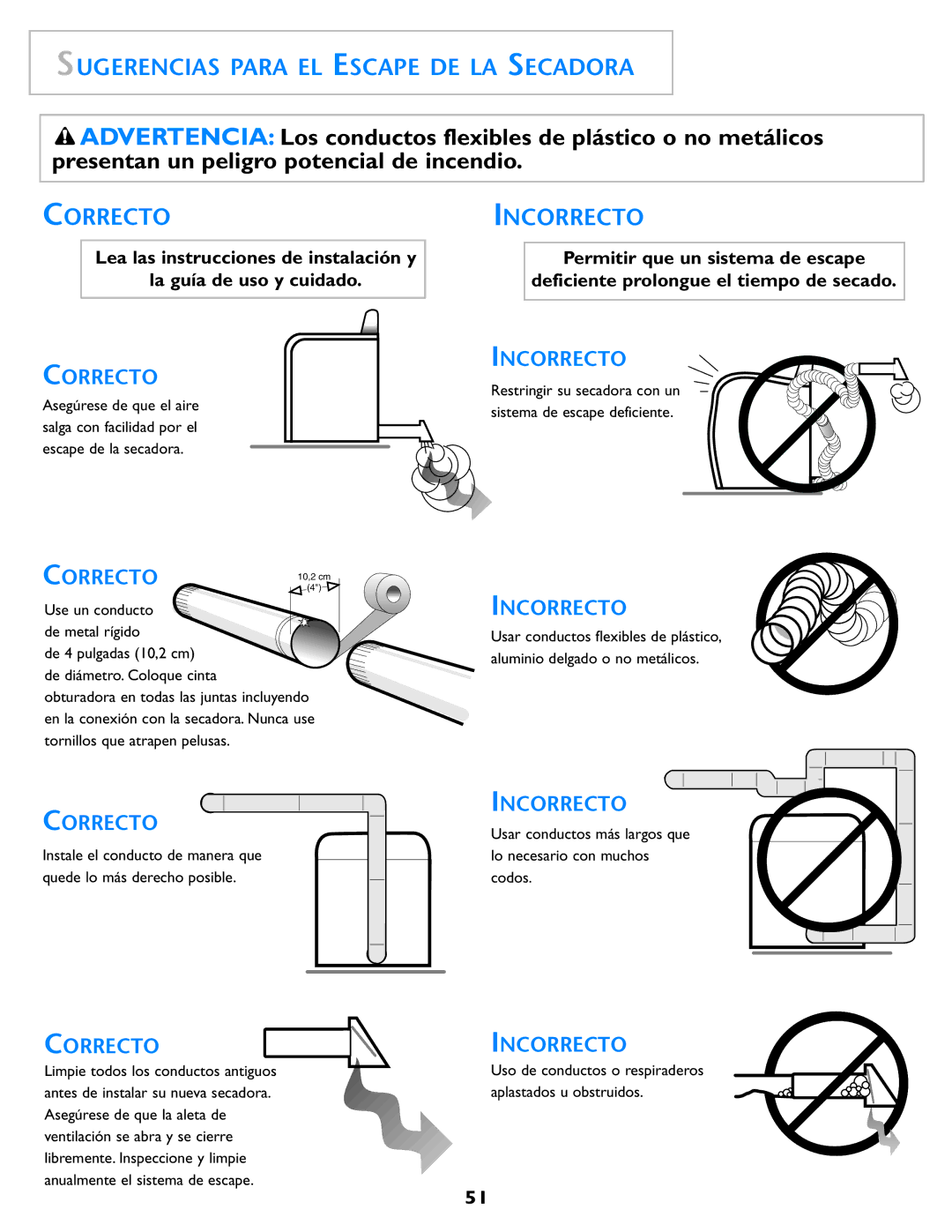 Maytag MD98 warranty Sugerencias Para EL Escape DE LA Secadora, Correcto, Incorrecto 