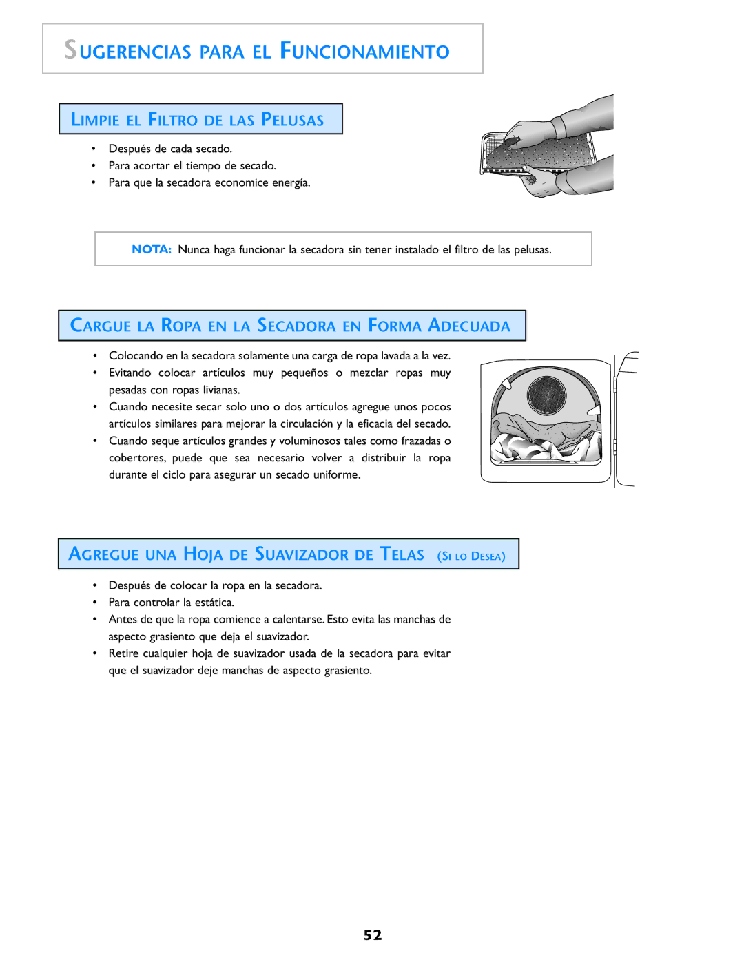 Maytag MD98 warranty Sugerencias Para EL Funcionamiento, Limpie EL Filtro DE LAS Pelusas 