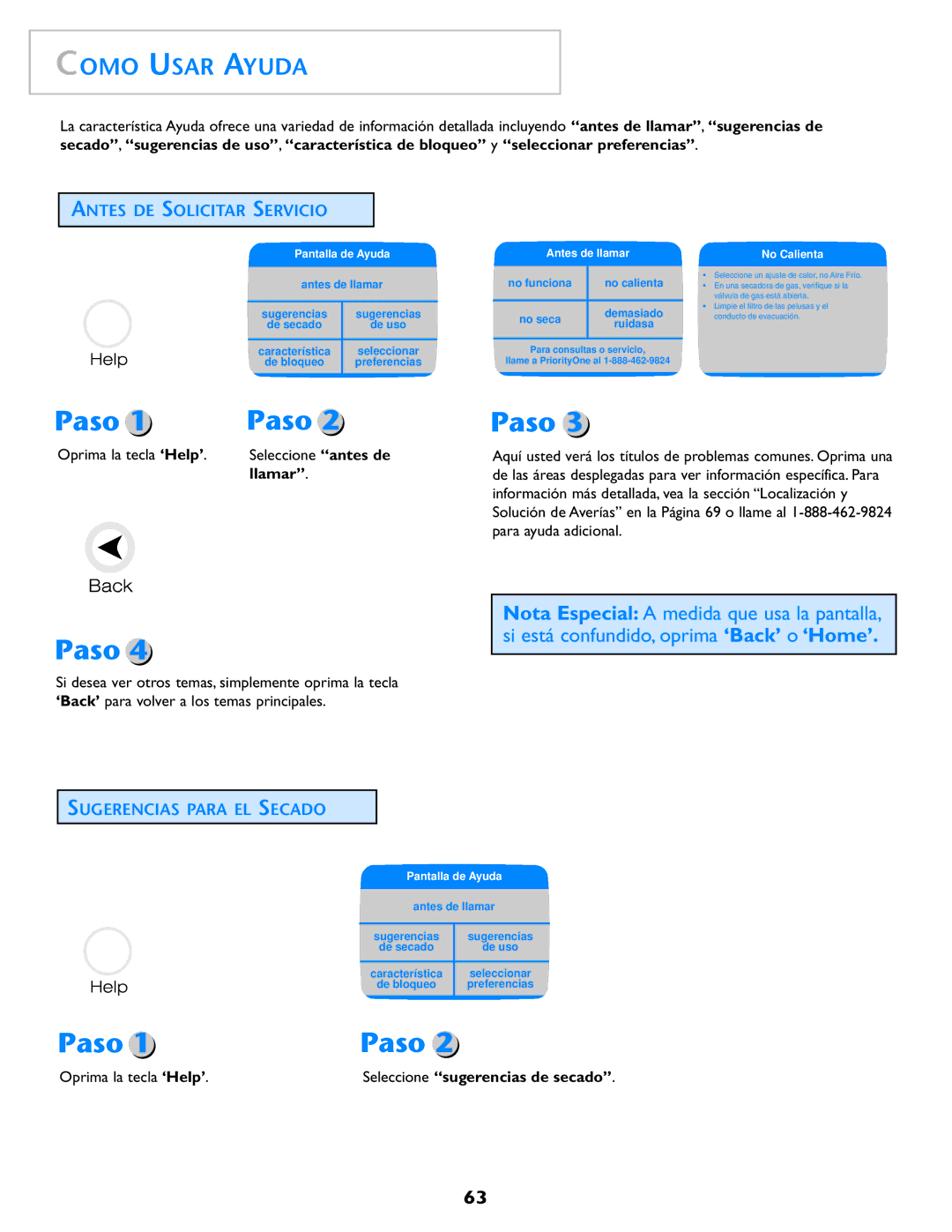 Maytag MD98 Como Usar Ayuda, Antes DE Solicitar Servicio, Sugerencias Para EL Secado, Oprima la tecla ‘Help’, Llamar 