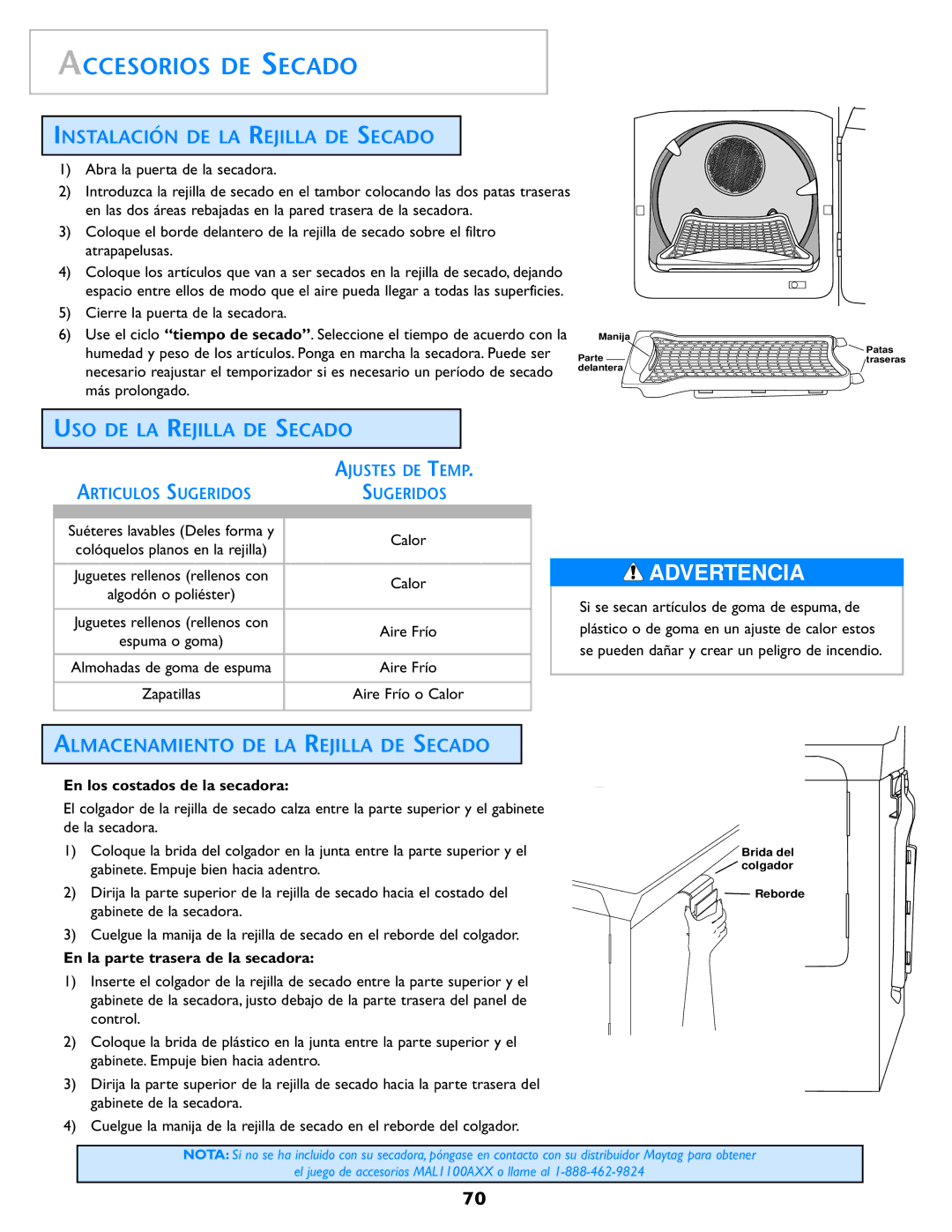 Maytag MD98 Accesorios DE Secado, Instalación DE LA Rejilla DE Secado, USO DE LA Rejilla DE Secado, Articulos Sugeridos 