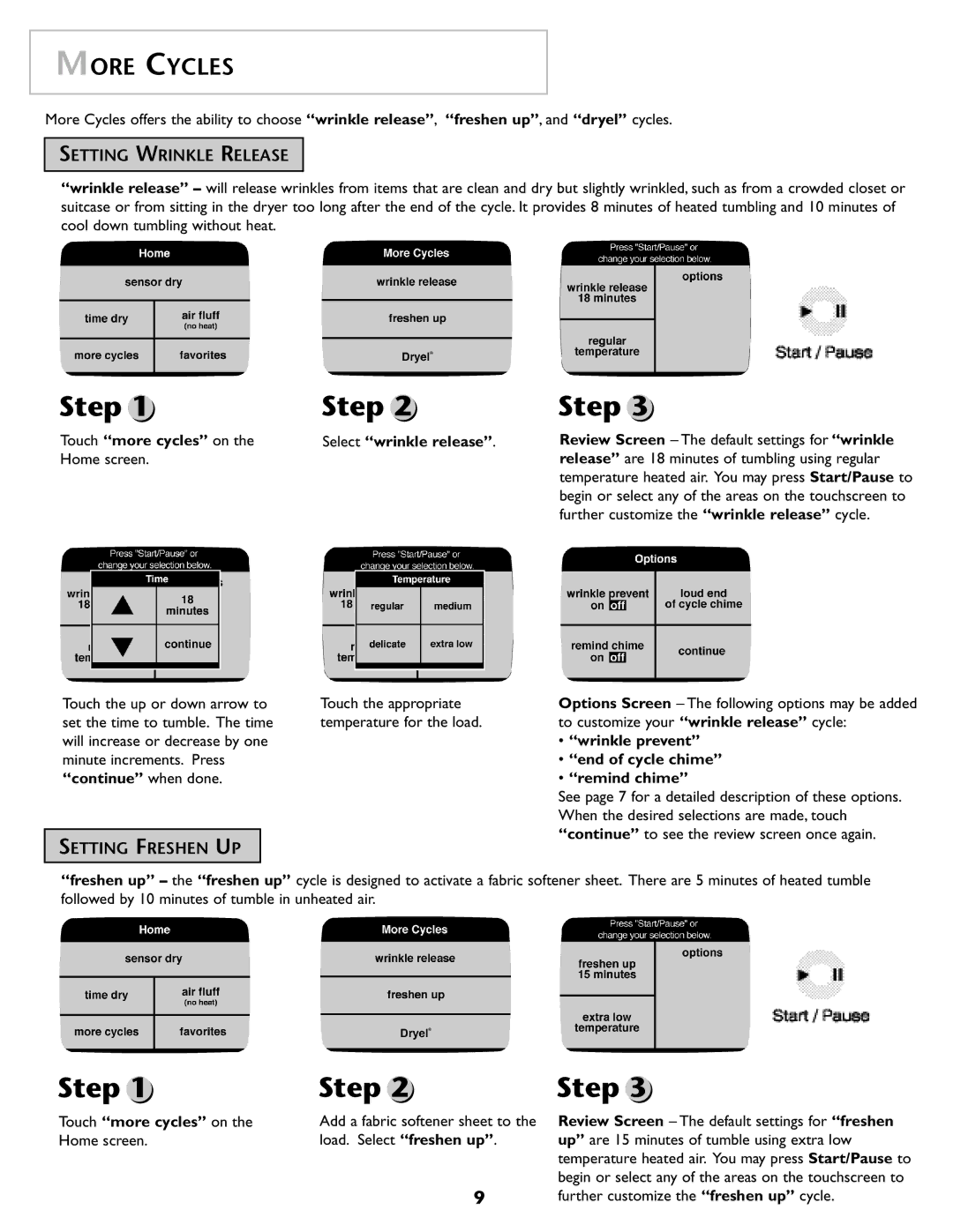 Maytag MD98 warranty More Cycles, Setting Wrinkle Release, Setting Freshen UP 