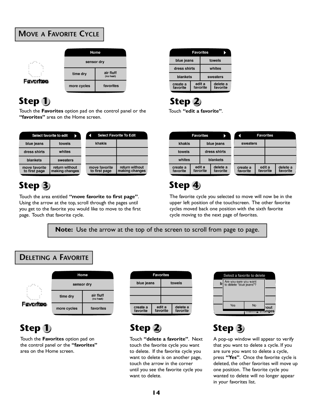 Maytag MD98 warranty Move a Favorite Cycle, Deleting a Favorite 