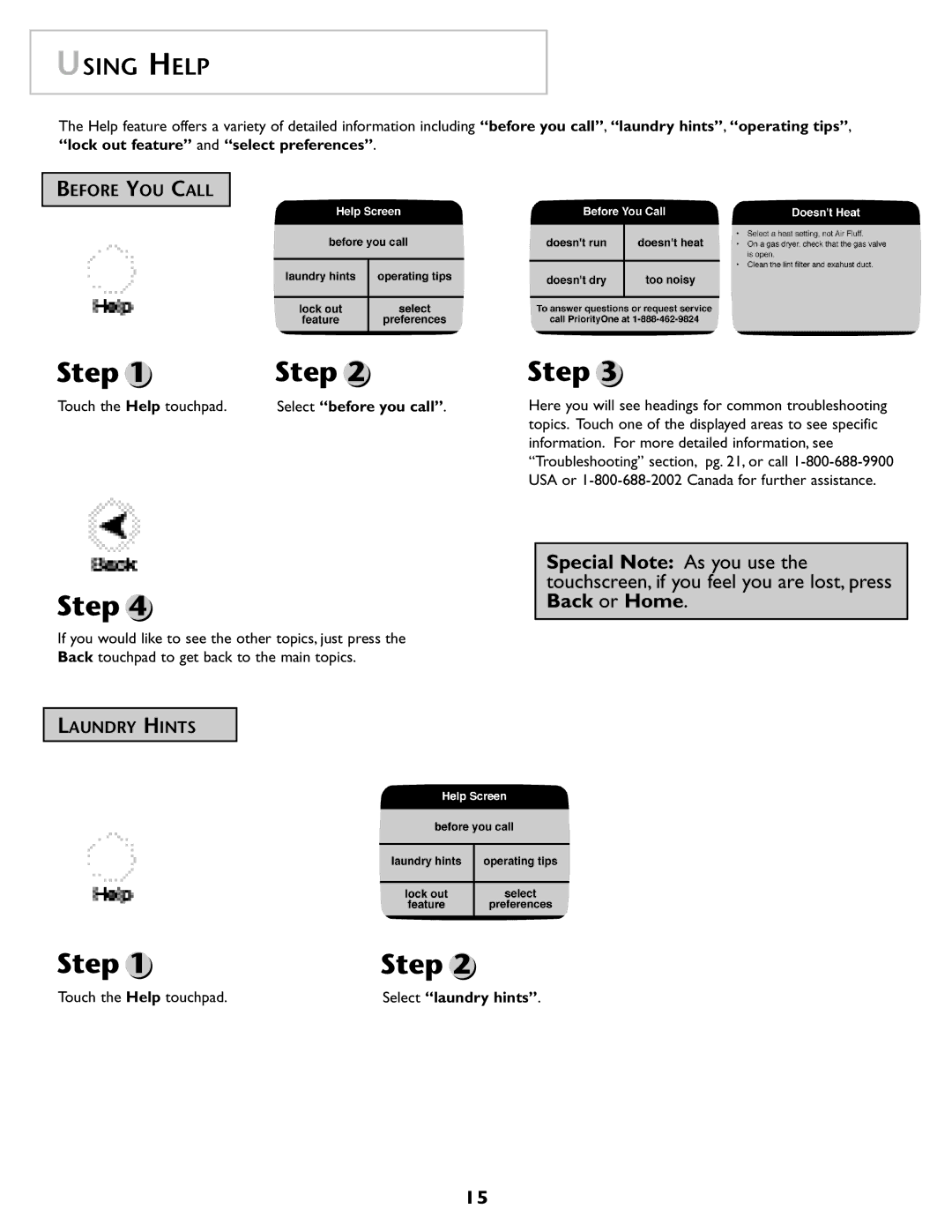 Maytag MD98 Using Help, Before YOU Call, Laundry Hints, Lock out feature and select preferences, Touch the Help touchpad 