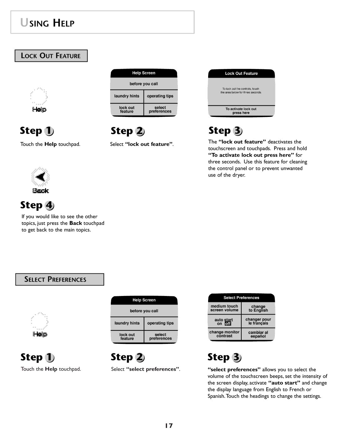 Maytag MD98 Lock OUT Feature, Select Preferences, Select select preferences, Select preferences allows you to select 