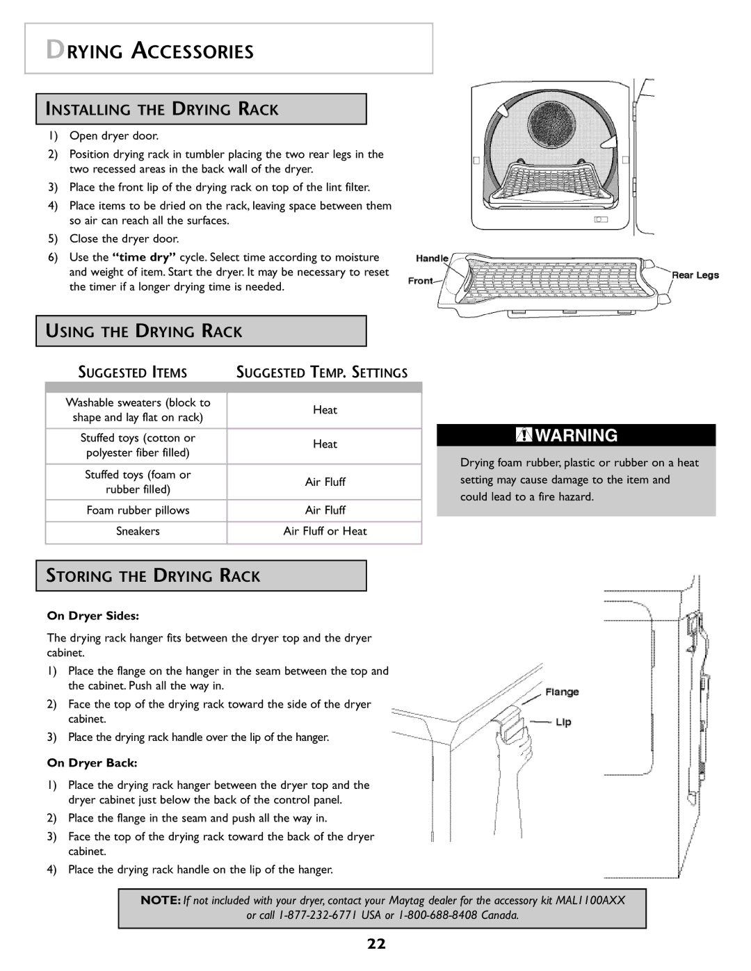 Maytag MD98 warranty Drying Accessories, Installing the Drying Rack, Using the Drying Rack, Storing the Drying Rack 