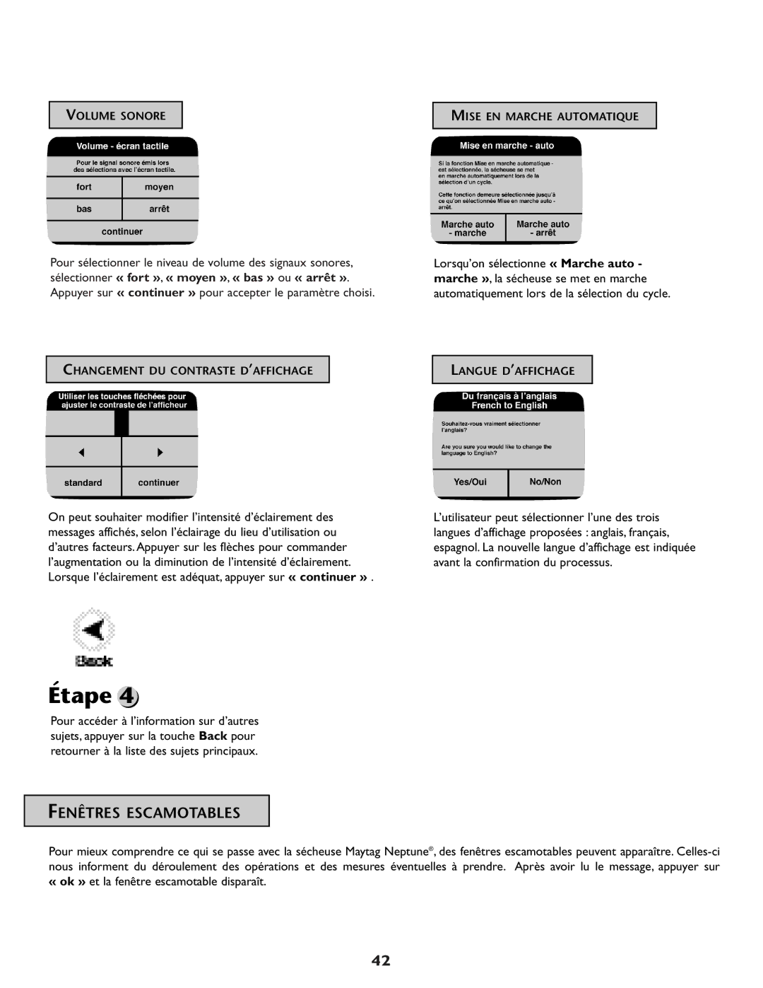 Maytag MD98 warranty Fenêtres Escamotables, Pour sélectionner le niveau de volume des signaux sonores 