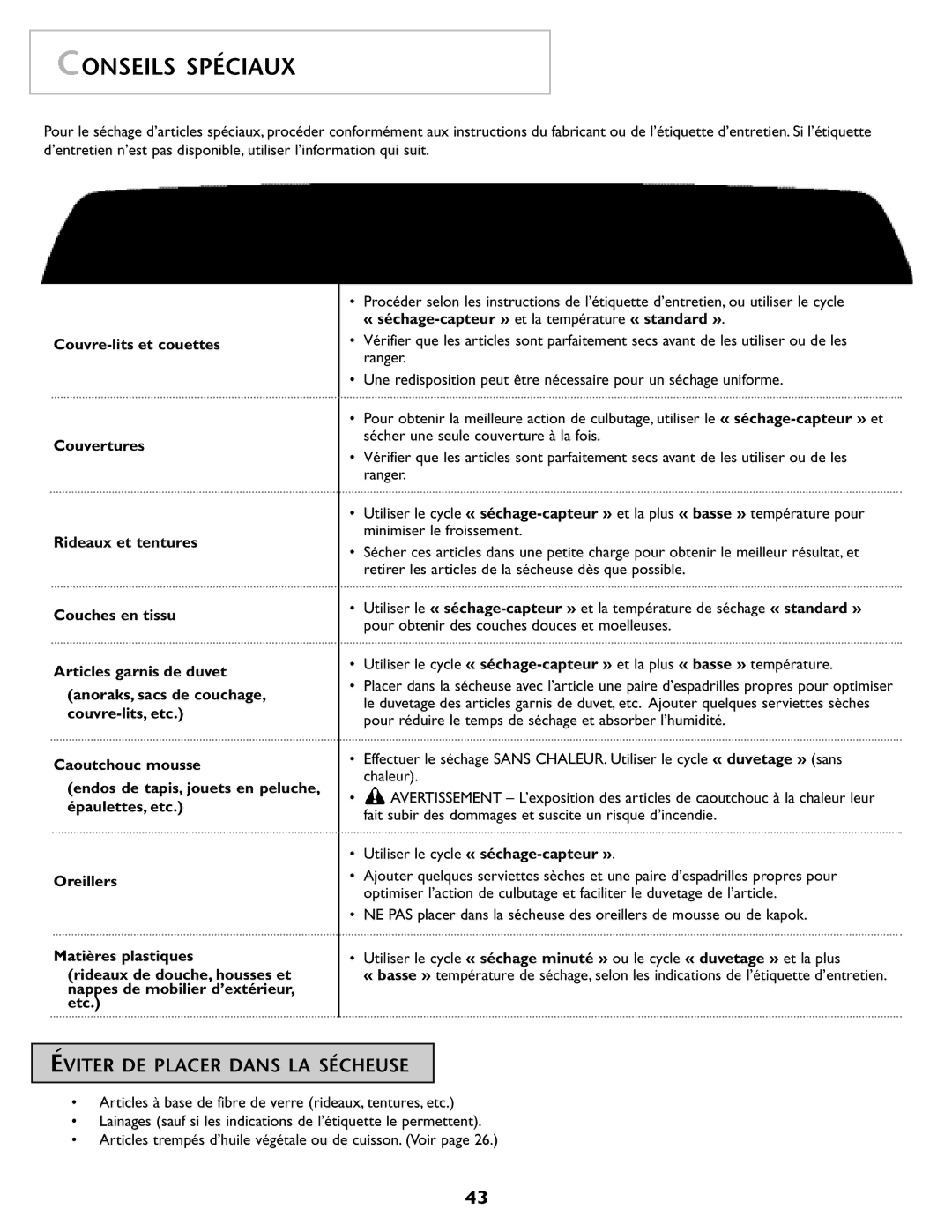 Maytag MD98 Conseils Spéciaux, Éviter DE Placer Dans LA Sécheuse, « séchage-capteur » et la température « standard » 