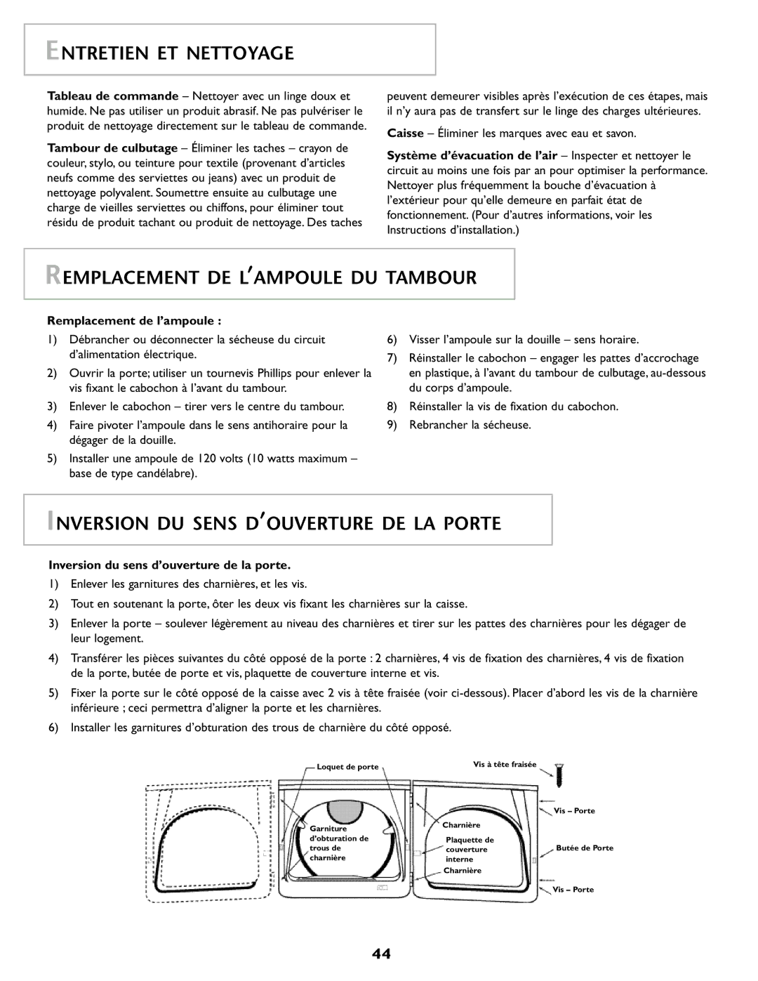 Maytag MD98 Entretien ET Nettoyage, Remplacement DE L’AMPOULE DU Tambour, Inversion DU Sens D’OUVERTURE DE LA Porte 