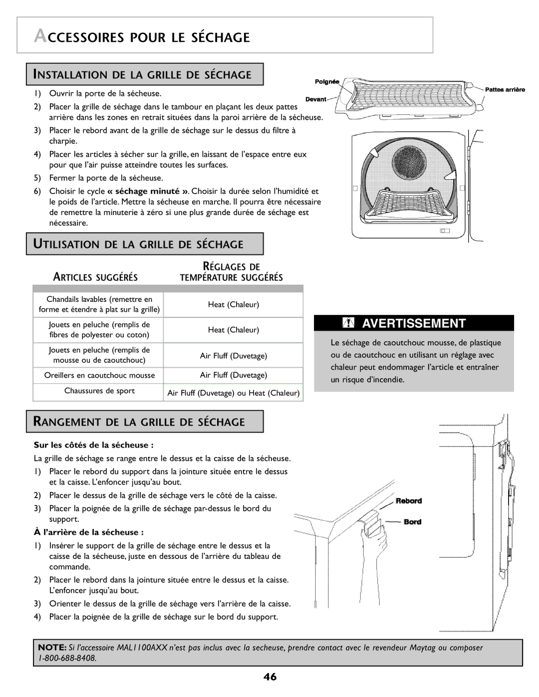 Maytag MD98 warranty Accessoires Pour LE Séchage, Installation DE LA Grille DE Séchage, Utilisation DE LA Grille DE Séchage 