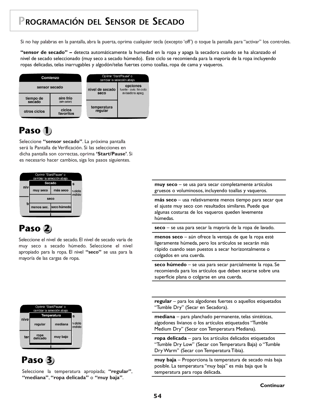 Maytag MD98 warranty Programación DEL Sensor DE Secado, Continuar 