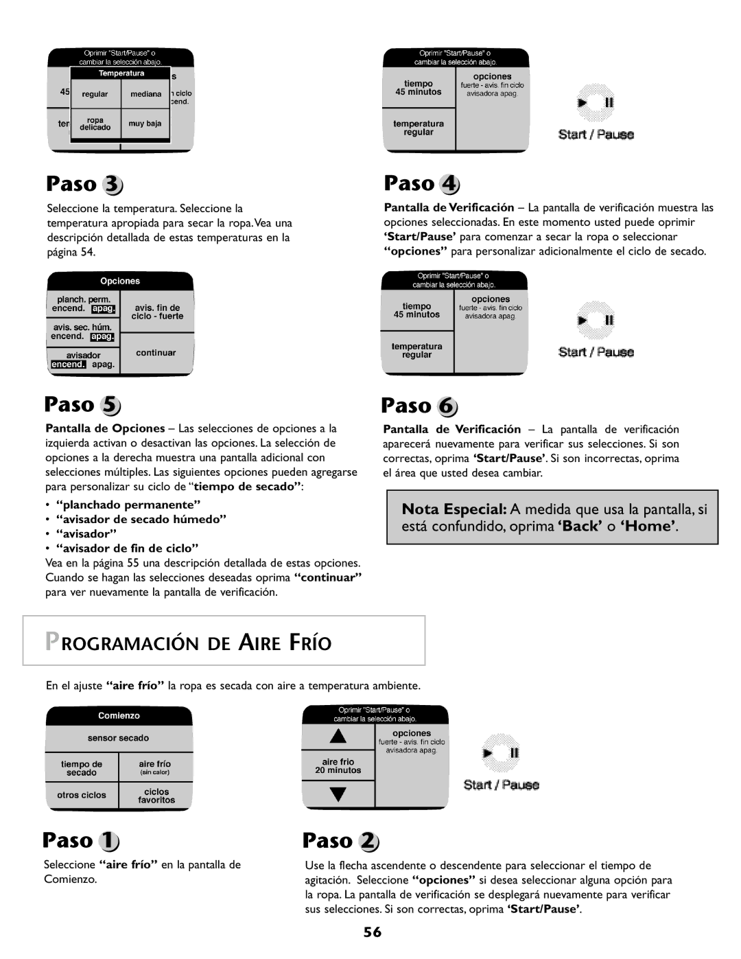 Maytag MD98 warranty Programación DE Aire Frío, Seleccione aire frío en la pantalla de Comienzo 