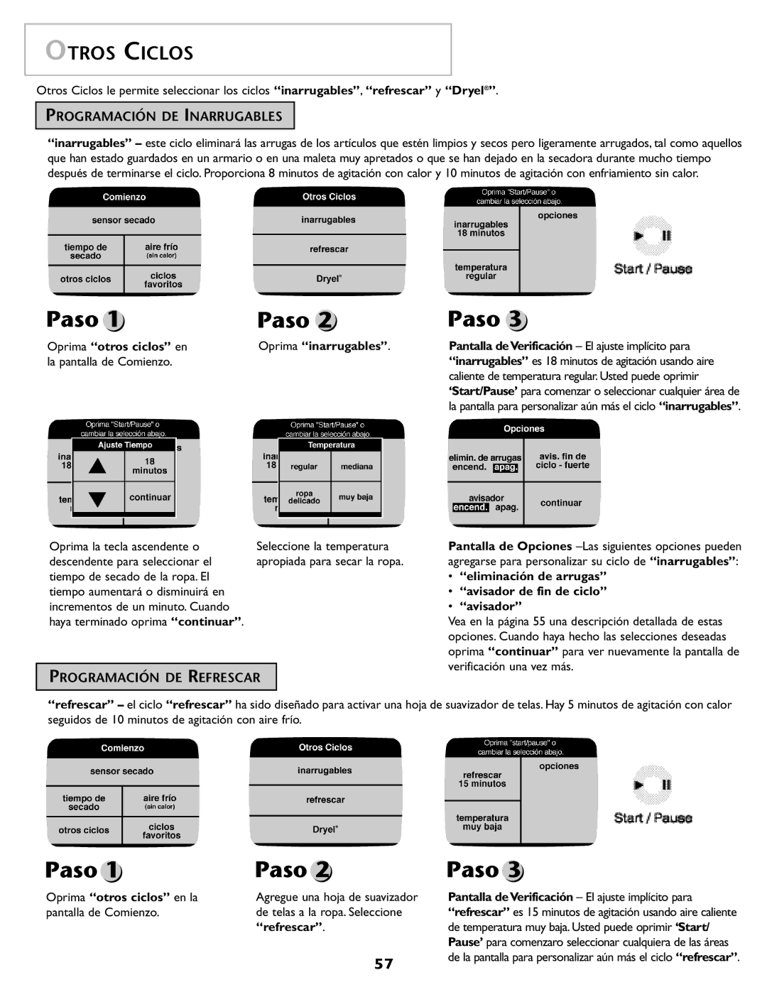 Maytag MD98 warranty Otros Ciclos, Programación DE Inarrugables, Programación DE Refrescar 