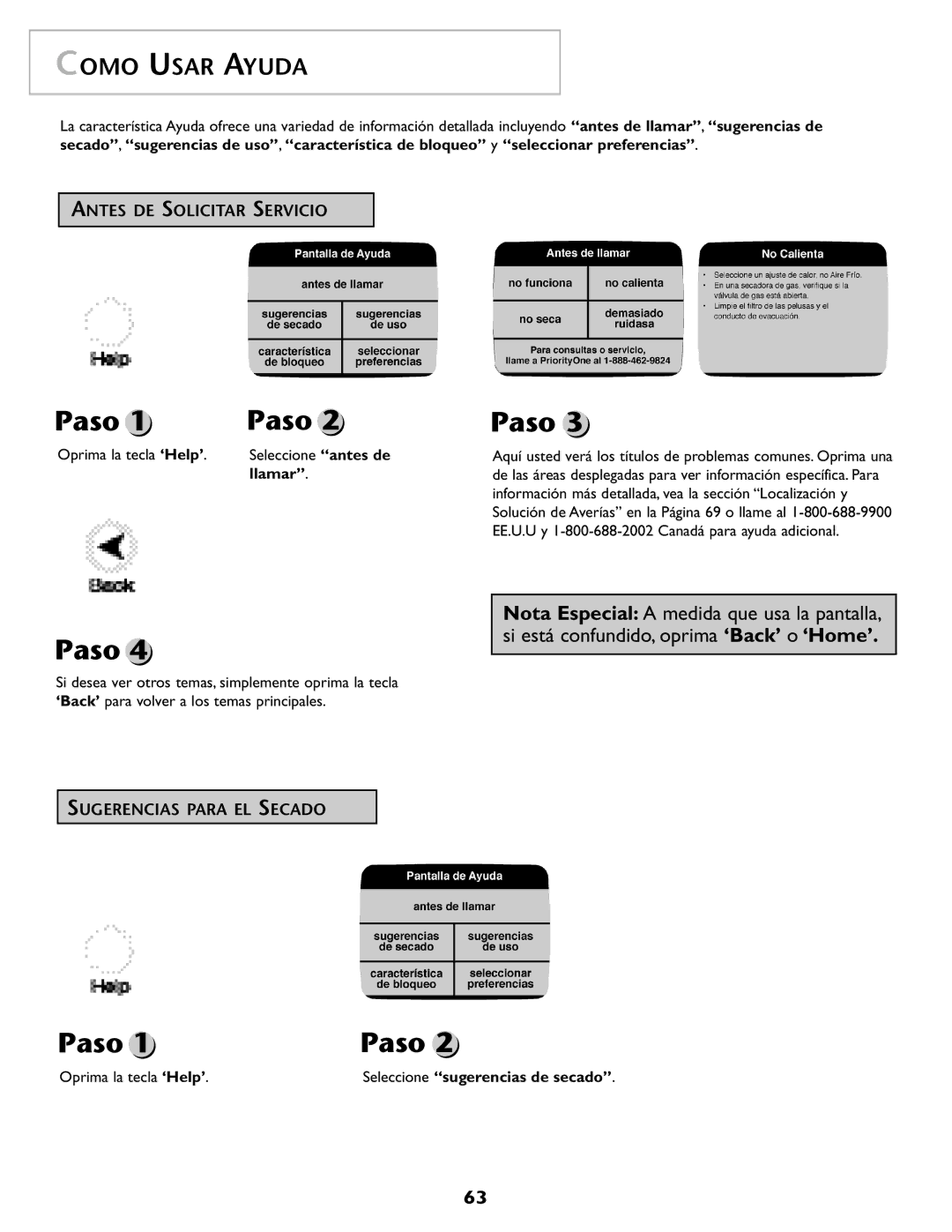 Maytag MD98 Como Usar Ayuda, Antes DE Solicitar Servicio, Sugerencias Para EL Secado, Oprima la tecla ‘Help’, Llamar 
