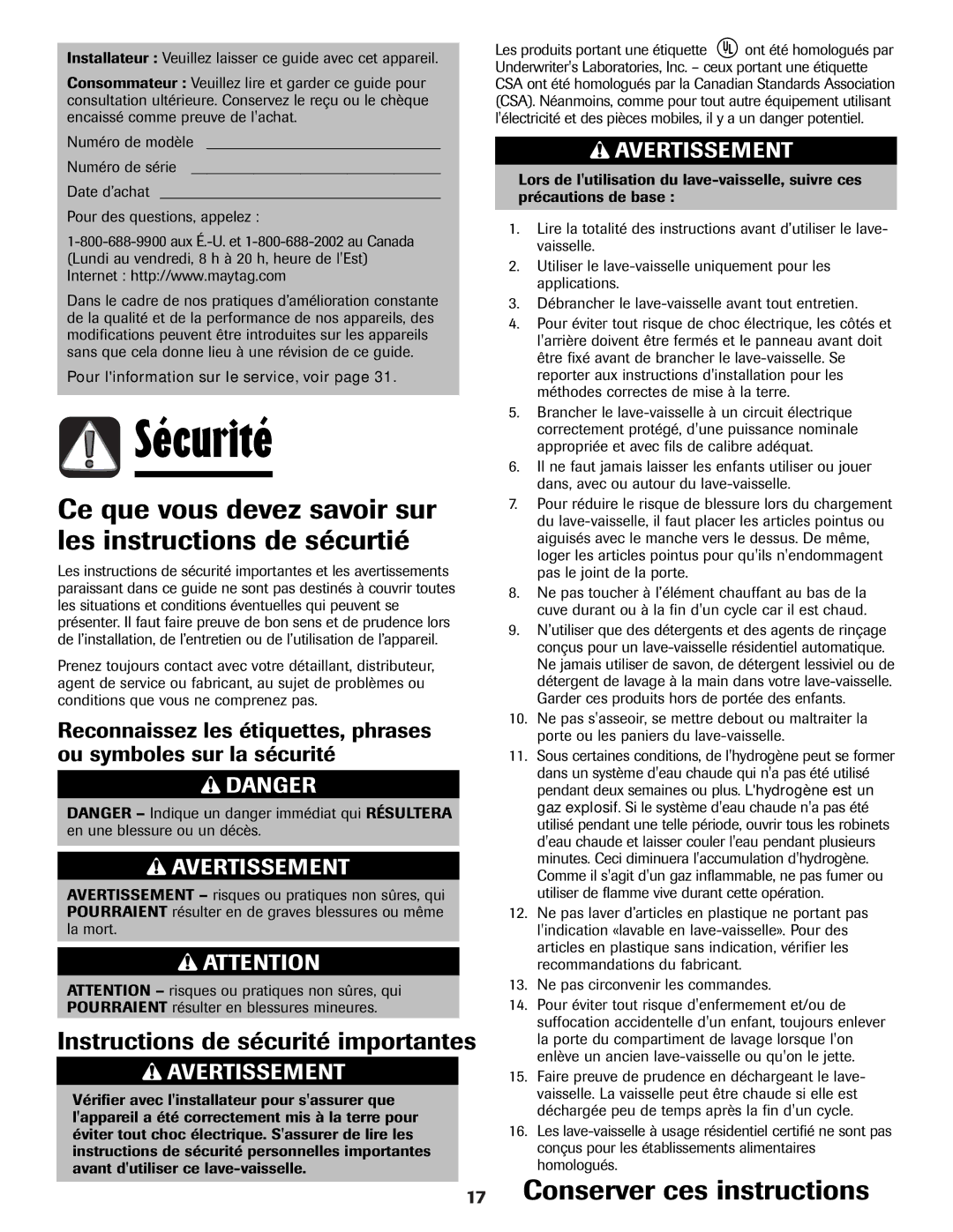 Maytag MDB-5 warranty Sécurité, Ce que vous devez savoir sur les instructions de sécurtié, Conserver ces instructions 