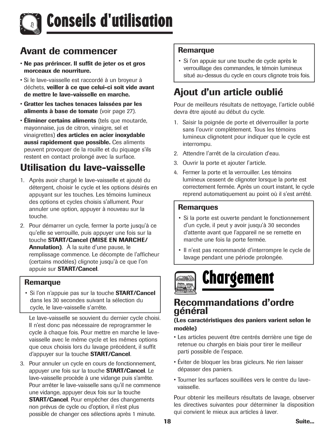 Maytag MDB-5 Avant de commencer, Utilisation du lave-vaisselle, Ajout d’un article oublié, Recommandations d’ordre général 