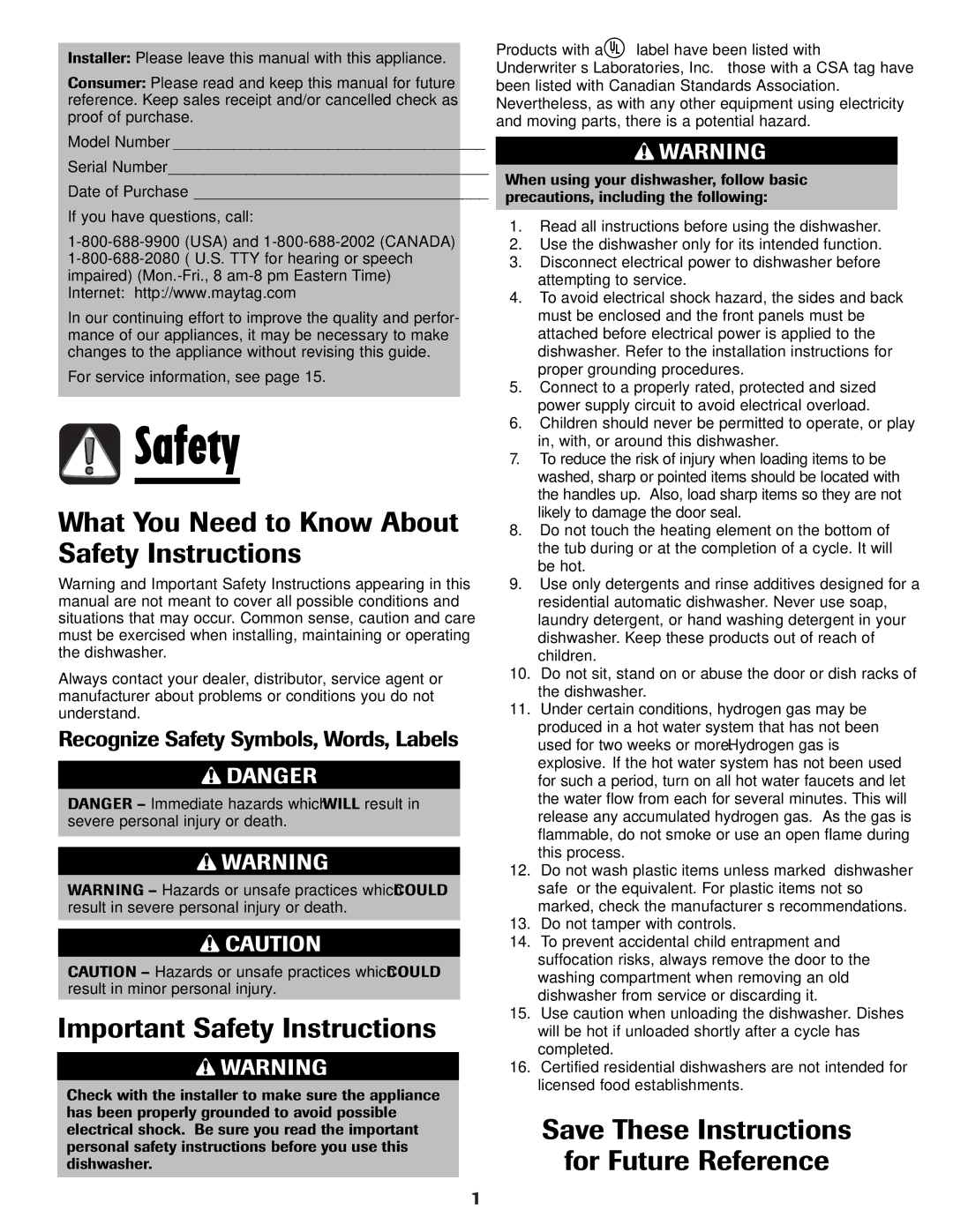 Maytag MDB-5 What You Need to Know About Safety Instructions, Important Safety Instructions, For Future Reference 