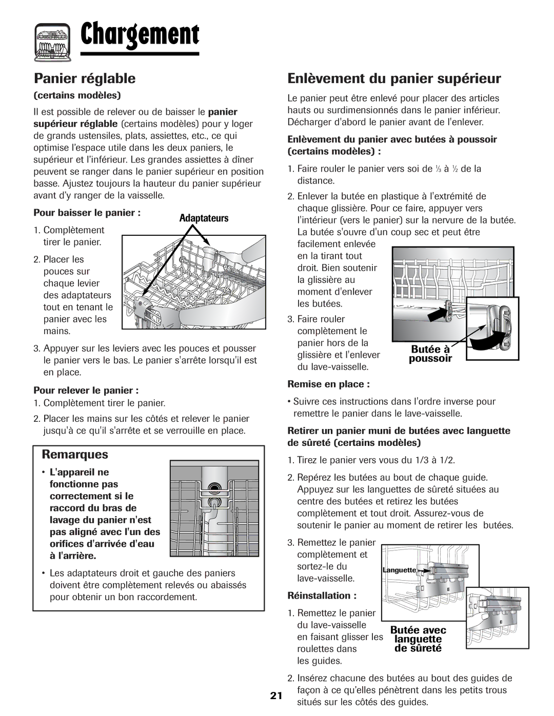 Maytag MDB-5 warranty Panier réglable Enlèvement du panier supérieur 