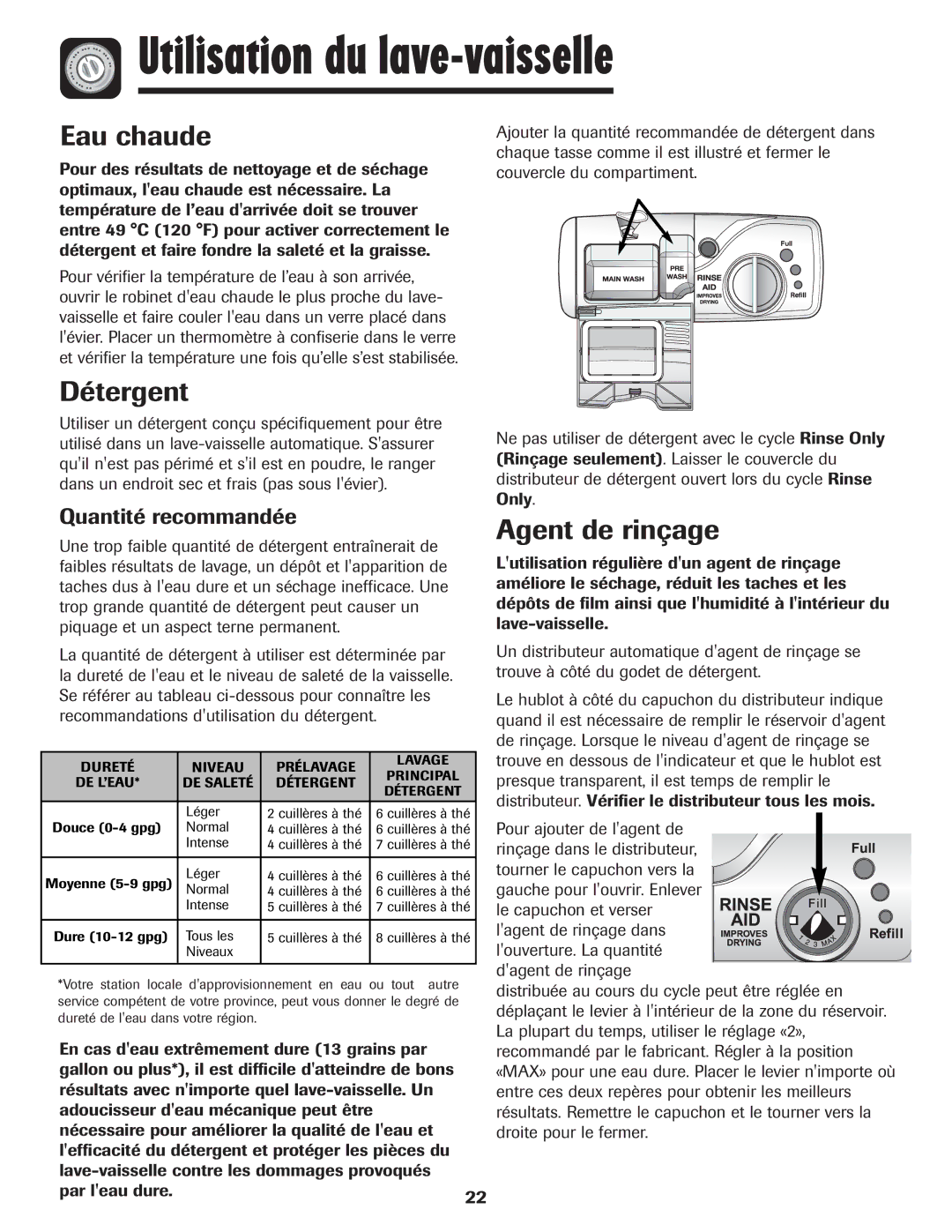 Maytag MDB-5 warranty Eau chaude, Détergent, Agent de rinçage, Quantité recommandée, Pour ajouter de lagent de 