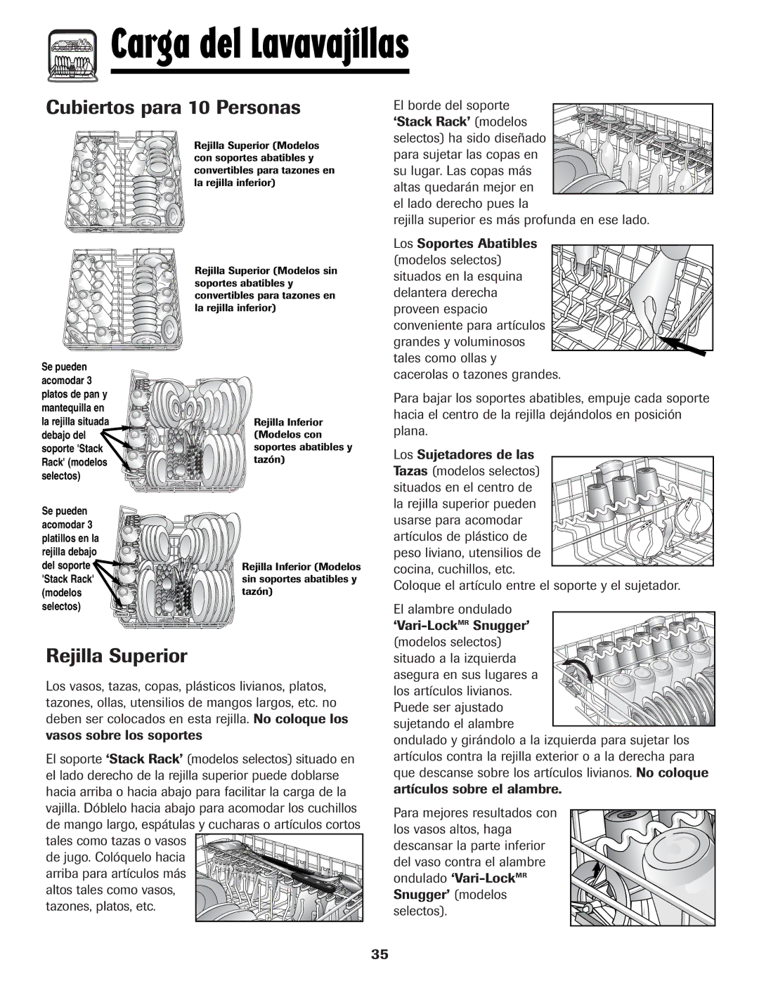 Maytag MDB-5 warranty Cubiertos para 10 Personas, Rejilla Superior, El borde del soporte ‘Stack Rack’ modelos 