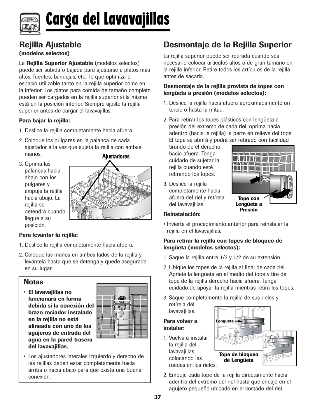 Maytag MDB-5 warranty Rejilla Ajustable, Desmontaje de la Rejilla Superior, Notas 