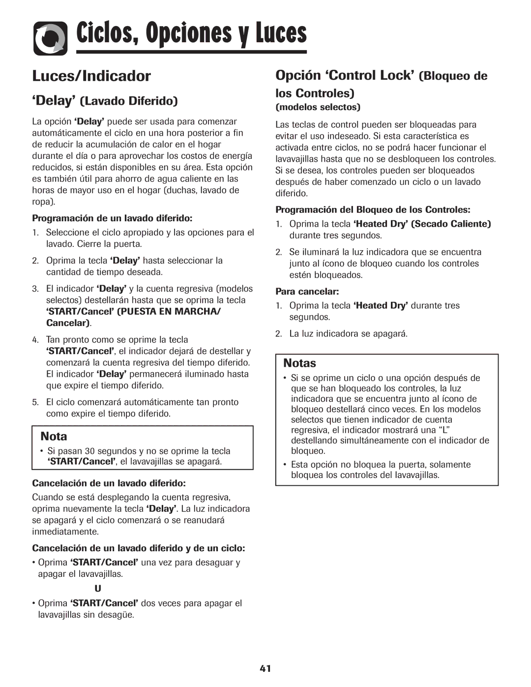 Maytag MDB-5 warranty Luces/Indicador, Opción ‘Control Lock’ Bloqueo de, ‘Delay’ Lavado Diferido Los Controles, Nota 