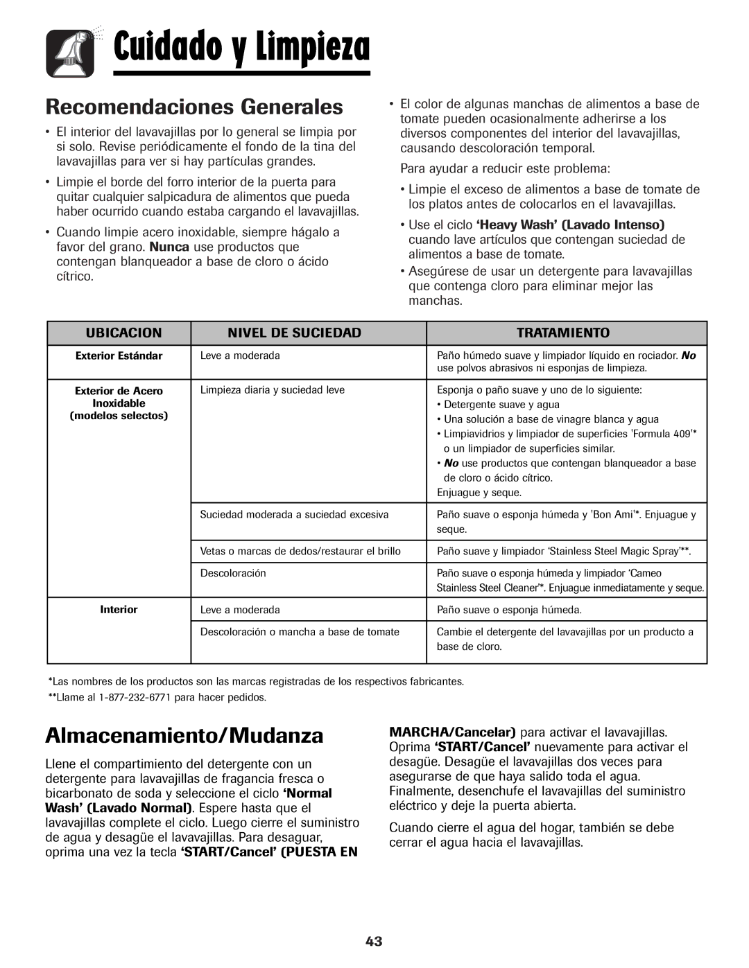 Maytag MDB-5 warranty Recomendaciones Generales, Almacenamiento/Mudanza, Ubicacion Nivel DE Suciedad Tratamiento 