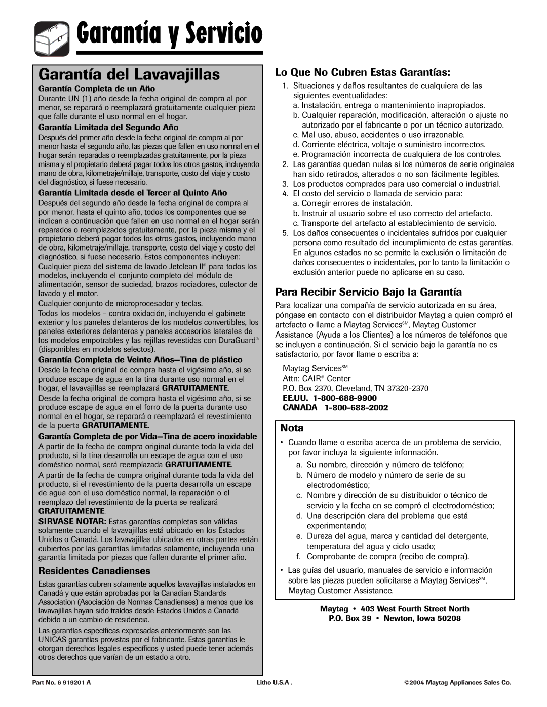 Maytag MDB-5 warranty Garantía del Lavavajillas, Residentes Canadienses, Gratuitamente 