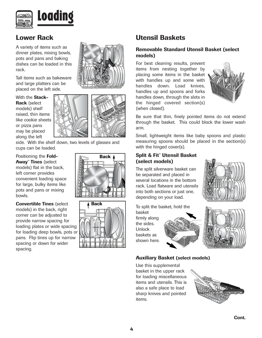 Maytag MDB-5 Lower Rack, Utensil Baskets, Removable Standard Utensil Basket select models, Auxiliary Basket select models 