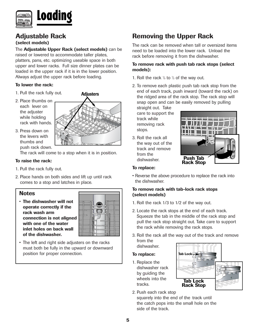 Maytag MDB-5 warranty Adjustable Rack, Removing the Upper Rack, Tab Lock, Rack Stop 