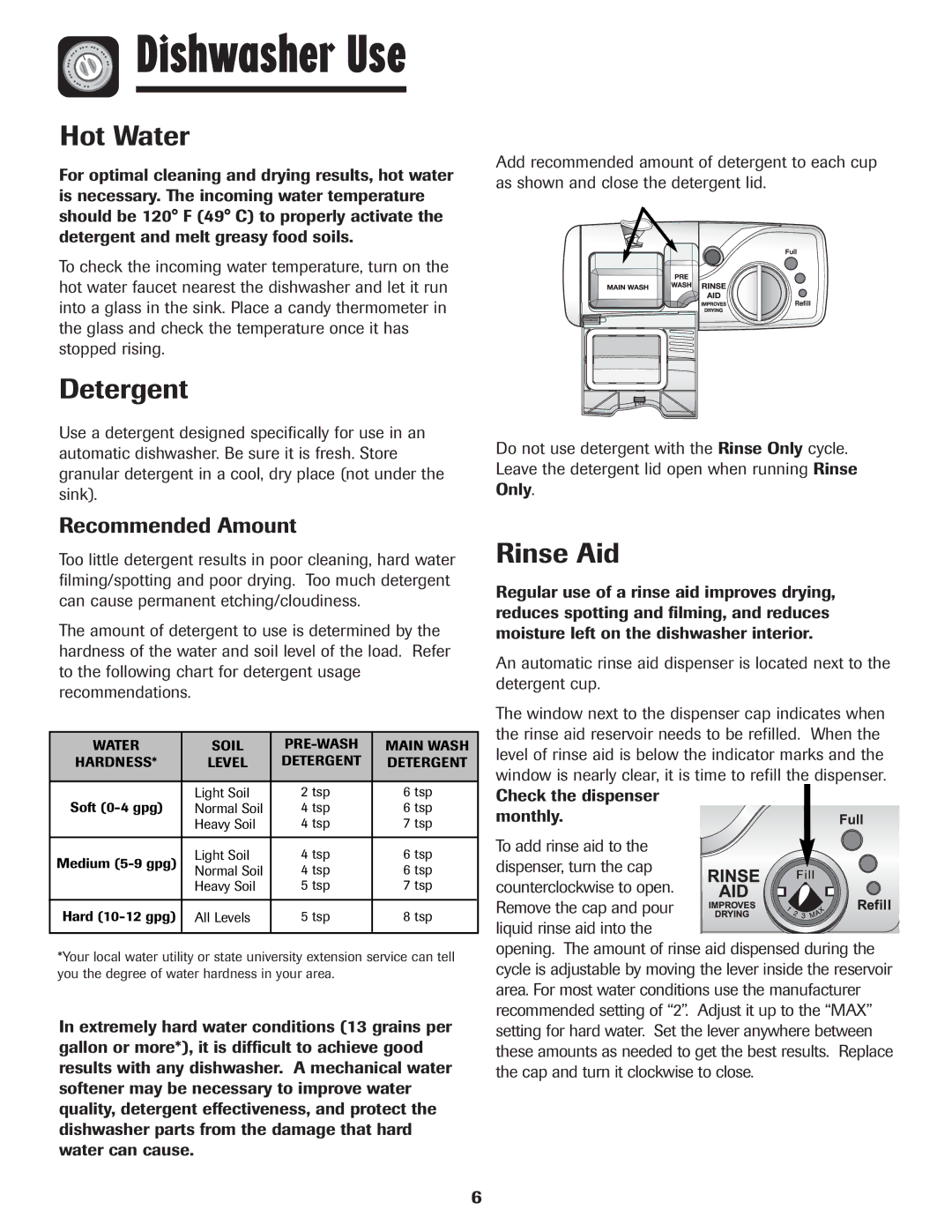 Maytag MDB-5 warranty Hot Water, Detergent, Rinse Aid, Recommended Amount 