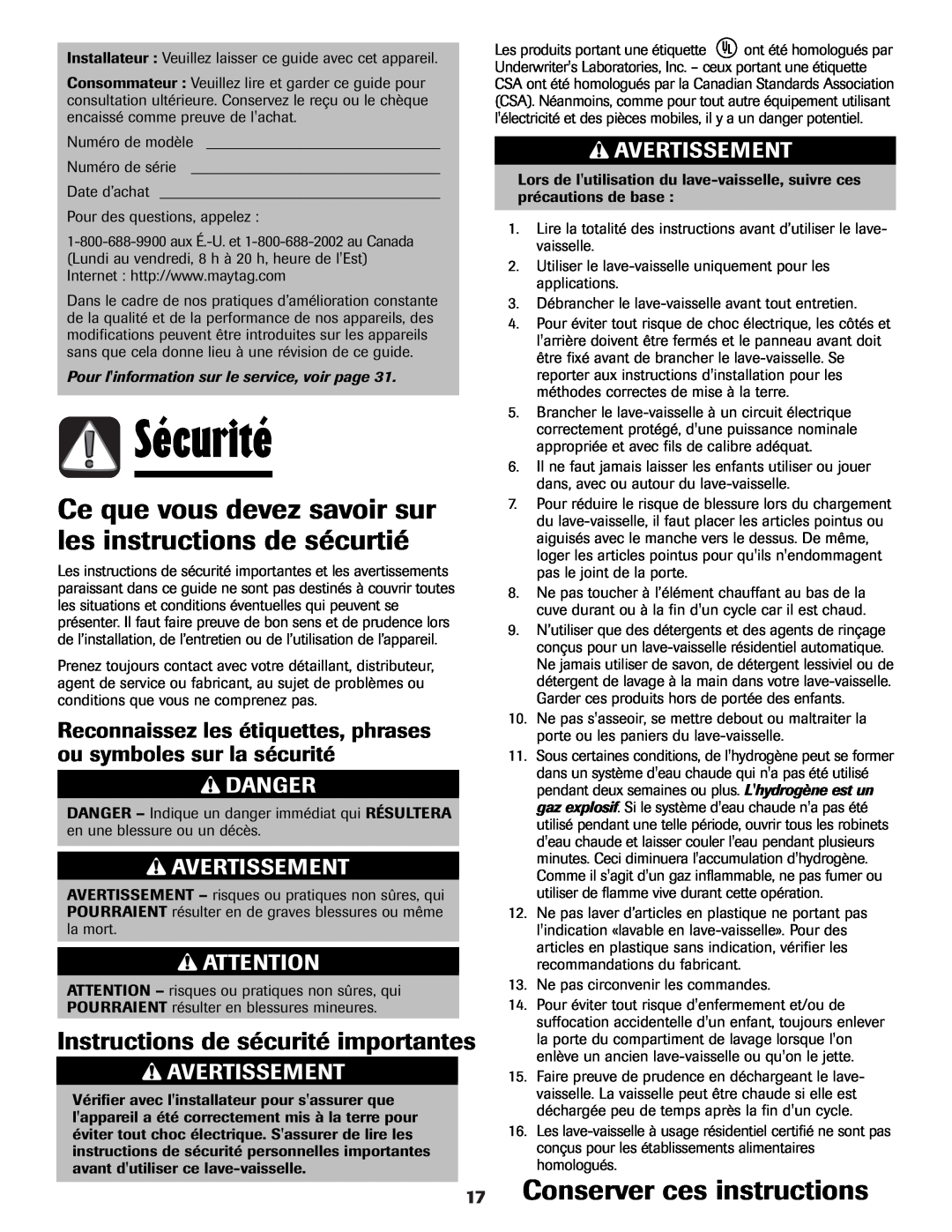 Maytag MDB-5 Sécurité, Ce que vous devez savoir sur les instructions de sécurtié, Conserver ces instructions, Danger 