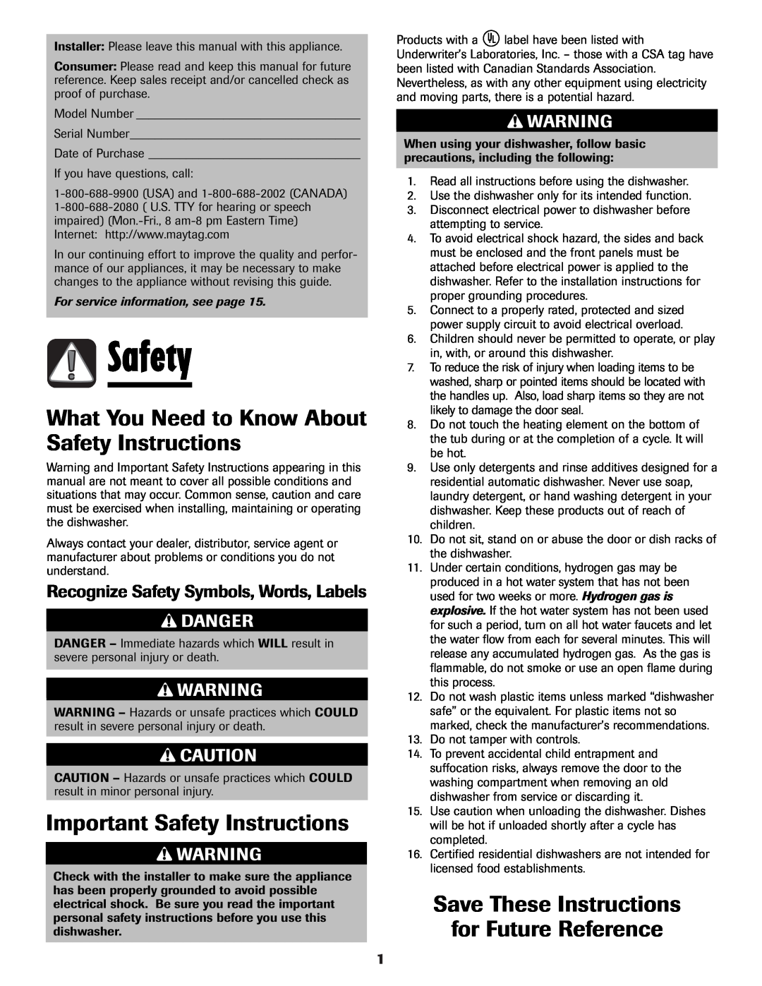 Maytag MDB-5 warranty What You Need to Know About Safety Instructions, Important Safety Instructions, Danger 